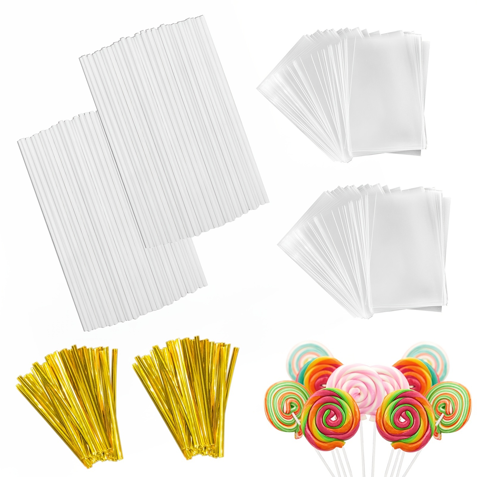 6 Inch Cake Pop Sticks Set Pack of 300, Each of 100 Pieces Parcel Bags,  Colorful Treat Sticks, Colorful Metallic Wire for Lollipops Candies  Chocolates
