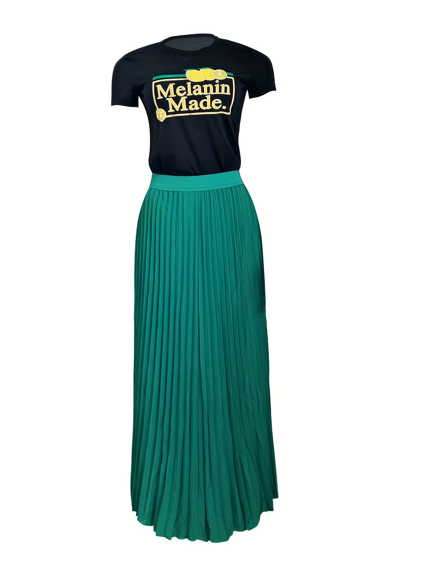 Letter Print Top & Pleated Maxi Skirt Set Women's Outfit