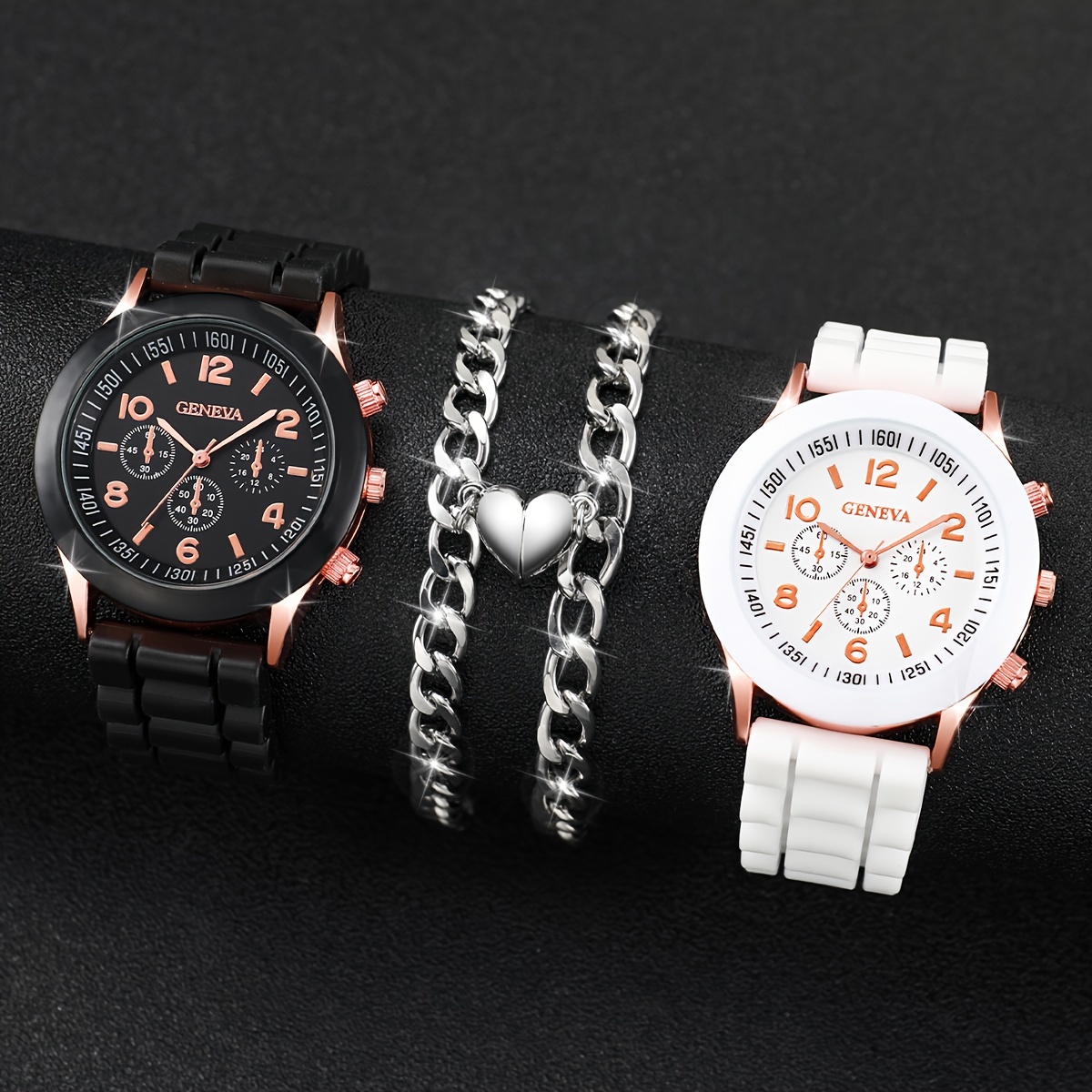 

4pcs/set Casual Fashion Couples Quartz Watch Analog Silicone Wrist Watch & Heart Matching Bracelets, Valentines Gift For Him Her