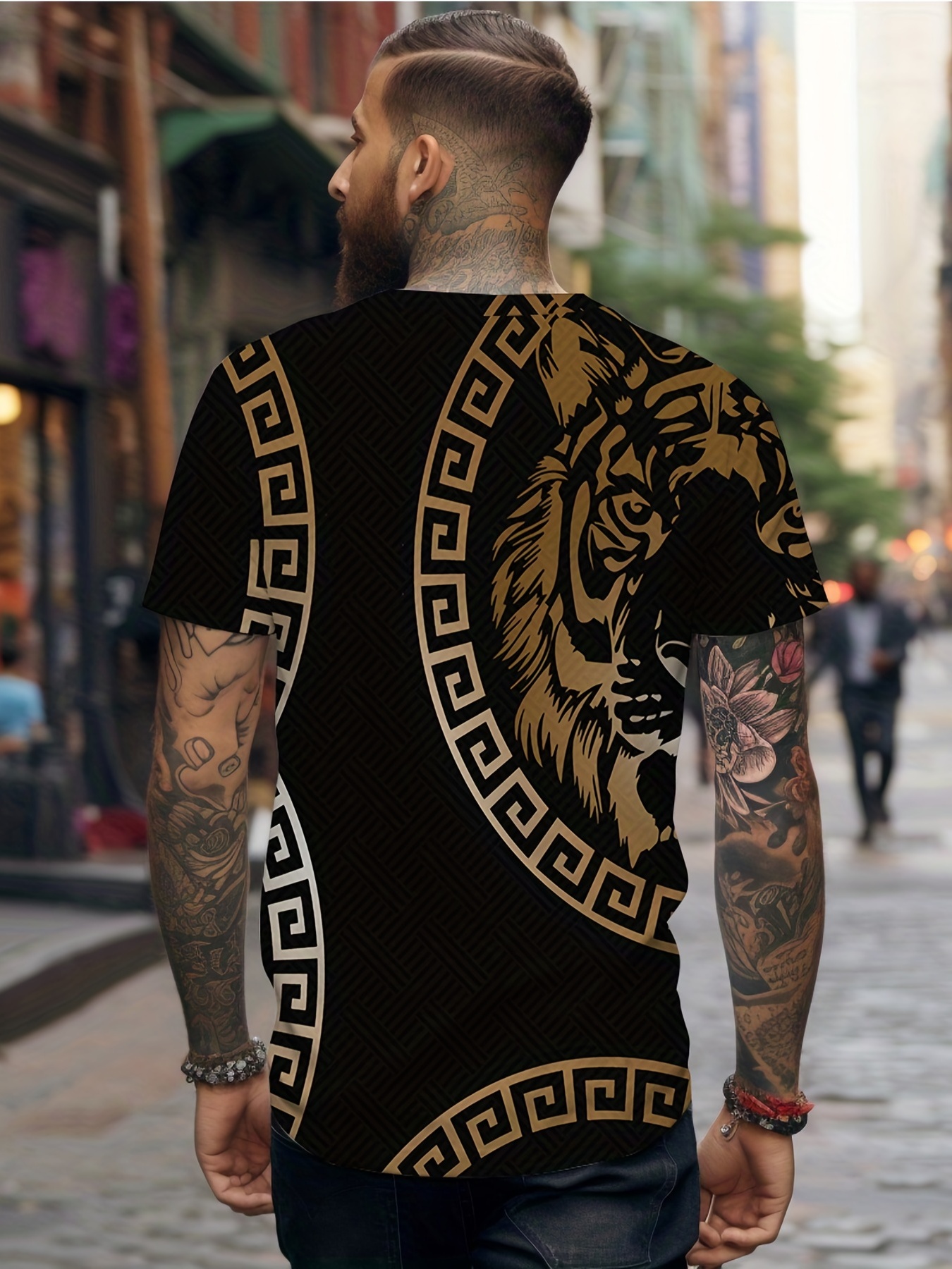Mens Casual Tiger Graphic Print Round Neck T Shirt Summer