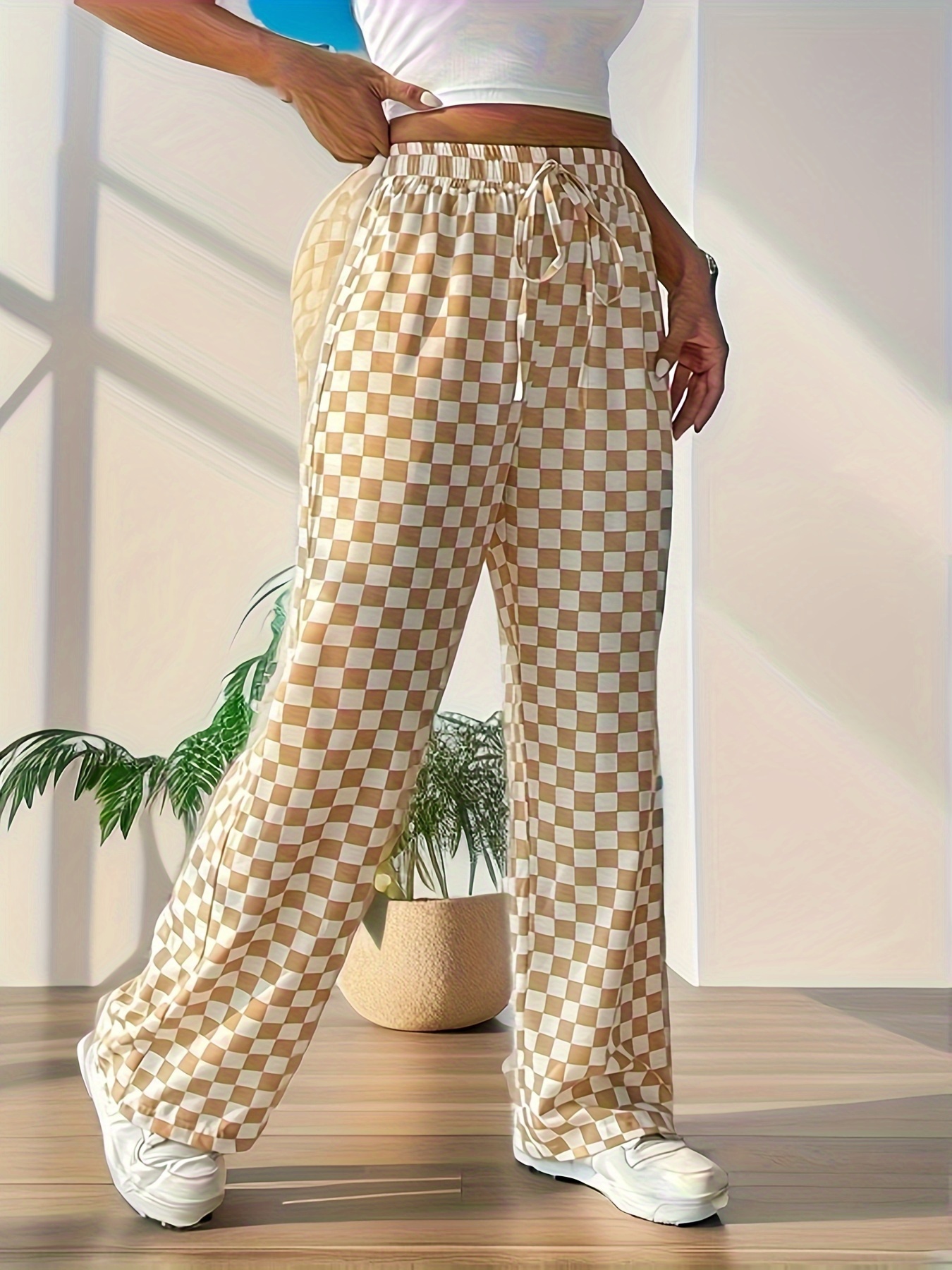 Plus Size Sports Leggings Women's Plus Checkerboard Print - Temu