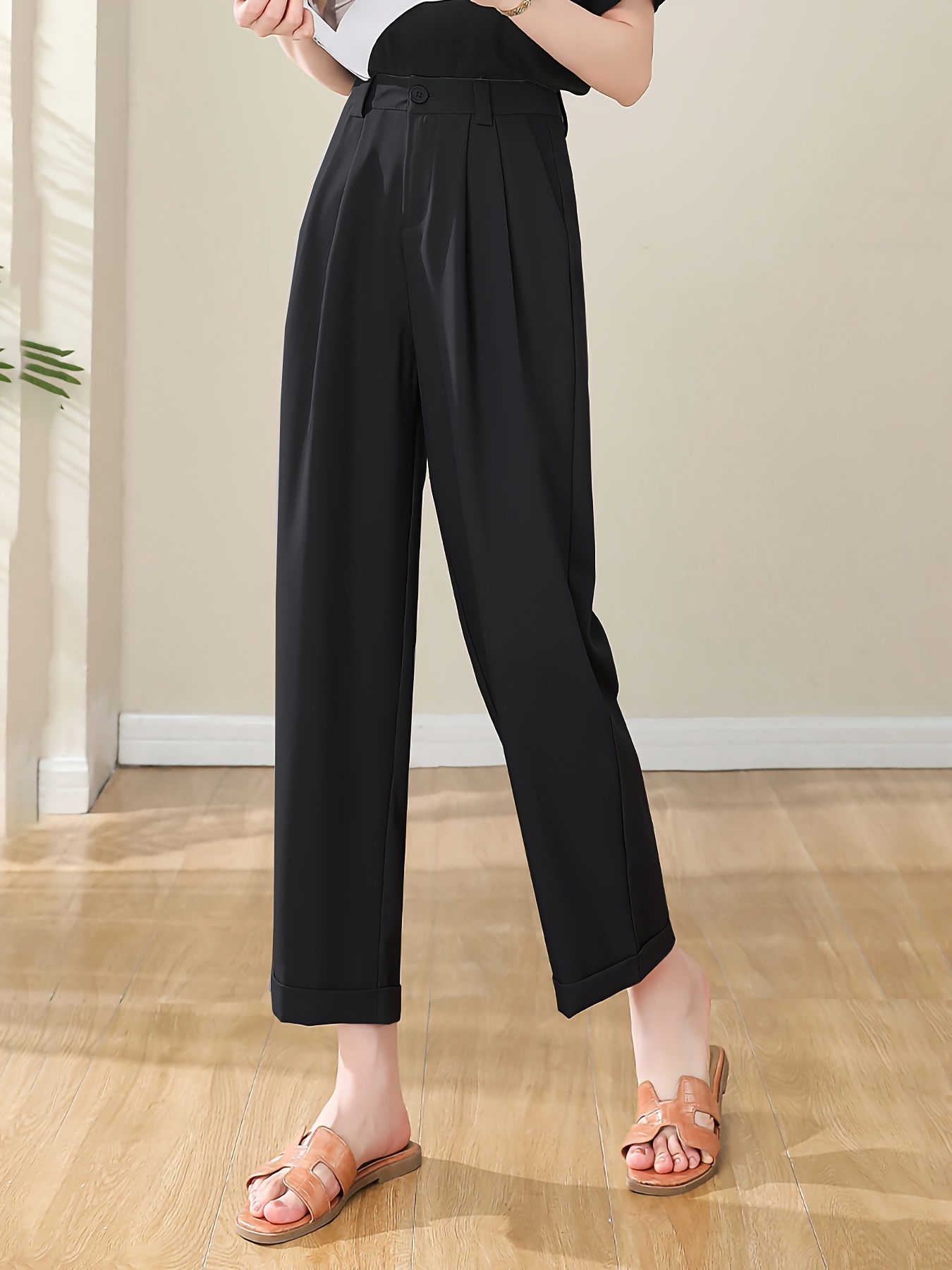 Women Suit Pants High Waist Pleated Pockets Business Trousers