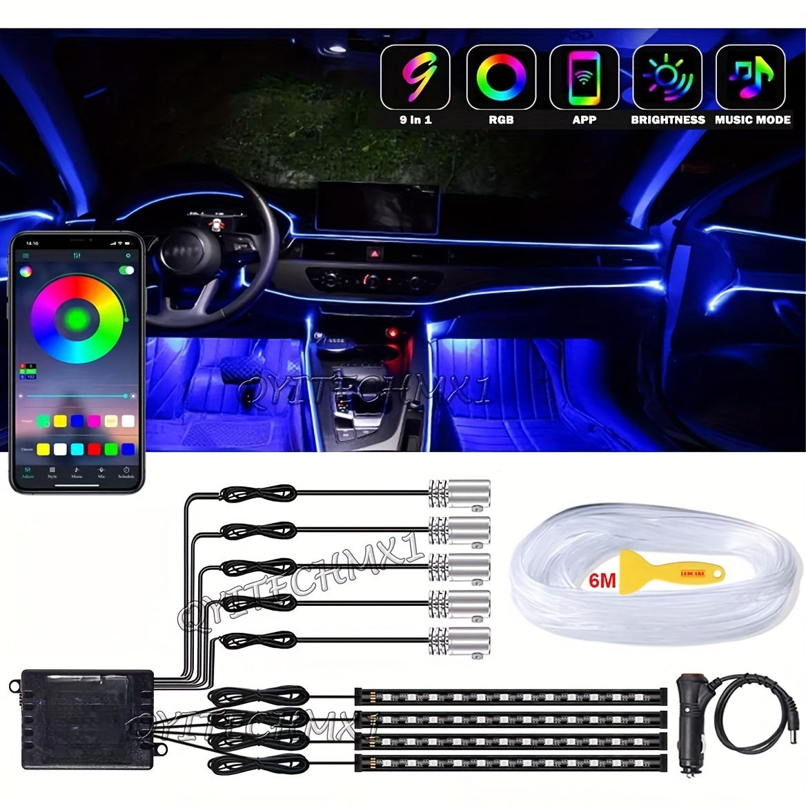 Auto Led Streifen Lichter, Multicolor RGB Auto Innenbeleuchtung, 16  Millionen Farben 5 in 1 mit 236 Zoll Glasfaser, Ambientebeleuchtung Kit,  Active Sound