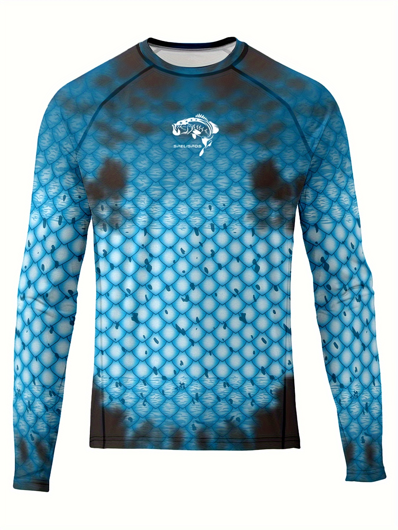 Fish Scale Digital Print Men's Long Sleeve Stretch Sunscreen Rash Guard, Lightweight and Breathable Men's Round Neck Sports Shirt, Outdoor Fishing