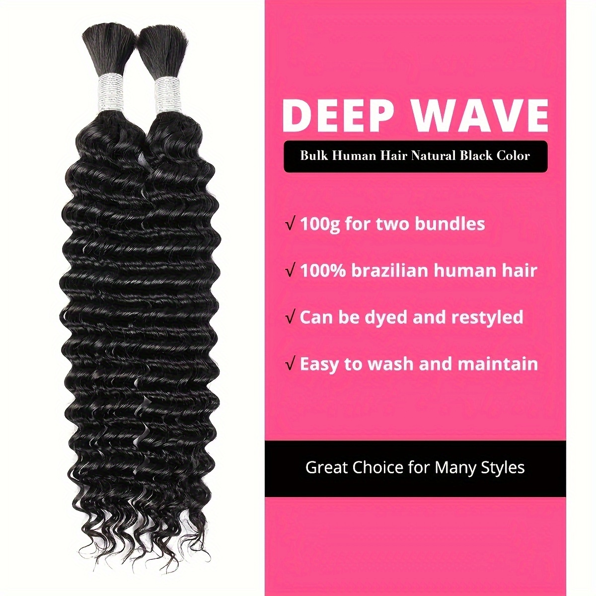 Deep Wave Bulk Human Hair for Braiding No Weft 100g (1Pack-2Bundles) 100%  Unprocessed Brazilian Virgin Human Hair Bulk Human Braiding Hair For Micro