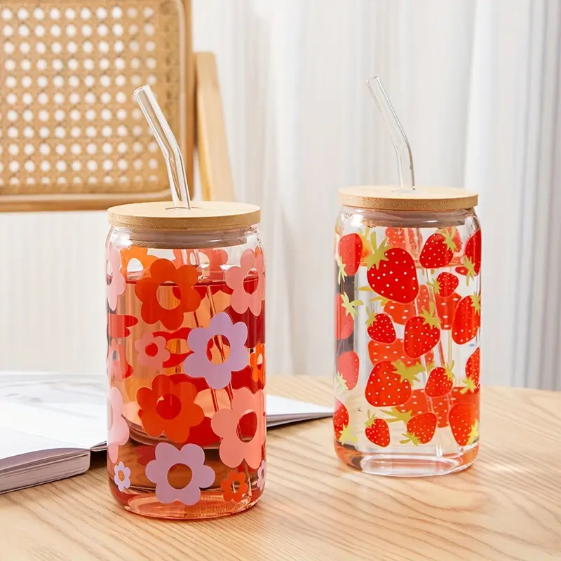 Ice Coffee Cups With Bamboo Lids And Glass Straws Flowers - Temu