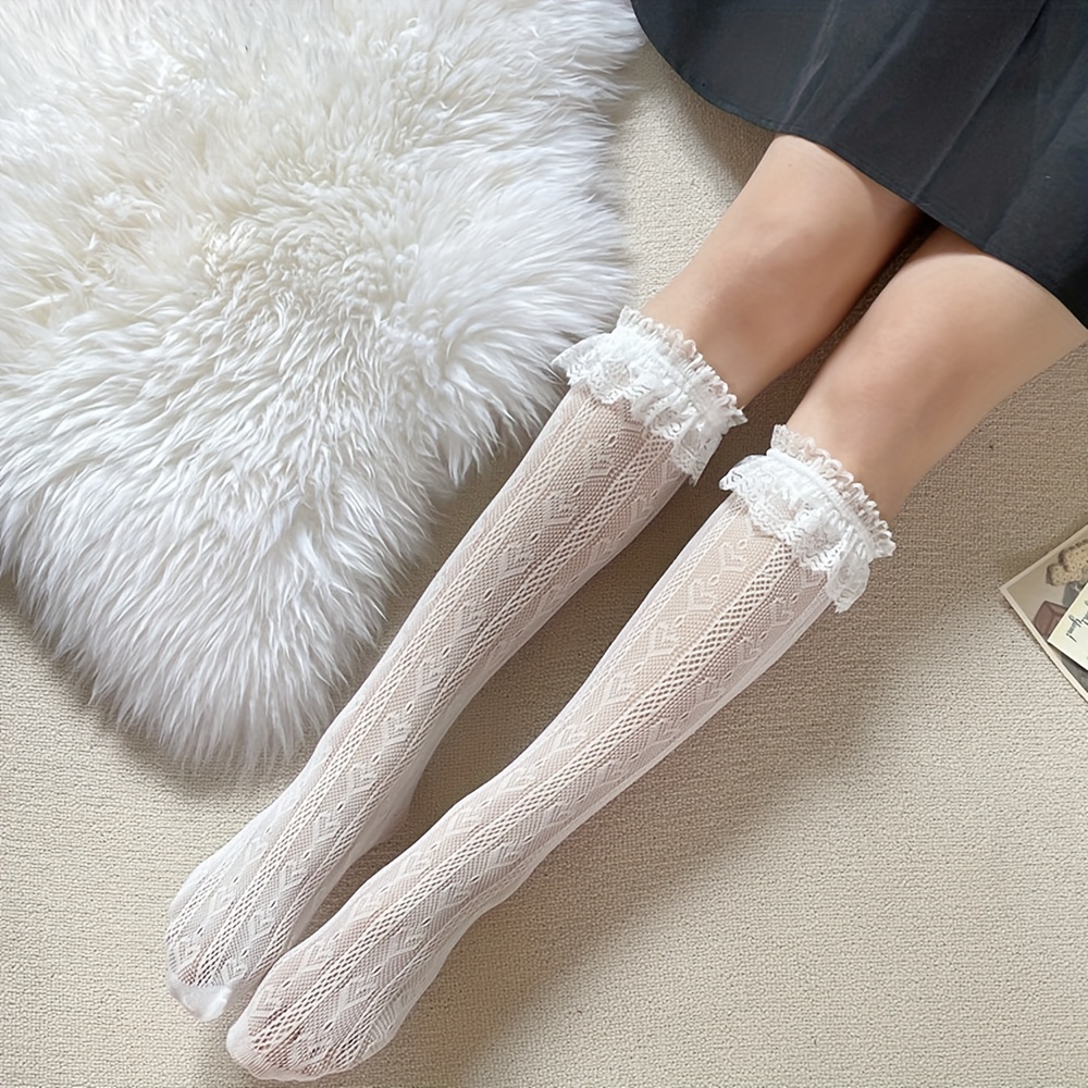Lace Mesh Calf Socks Ruffle Knee High Stockings
