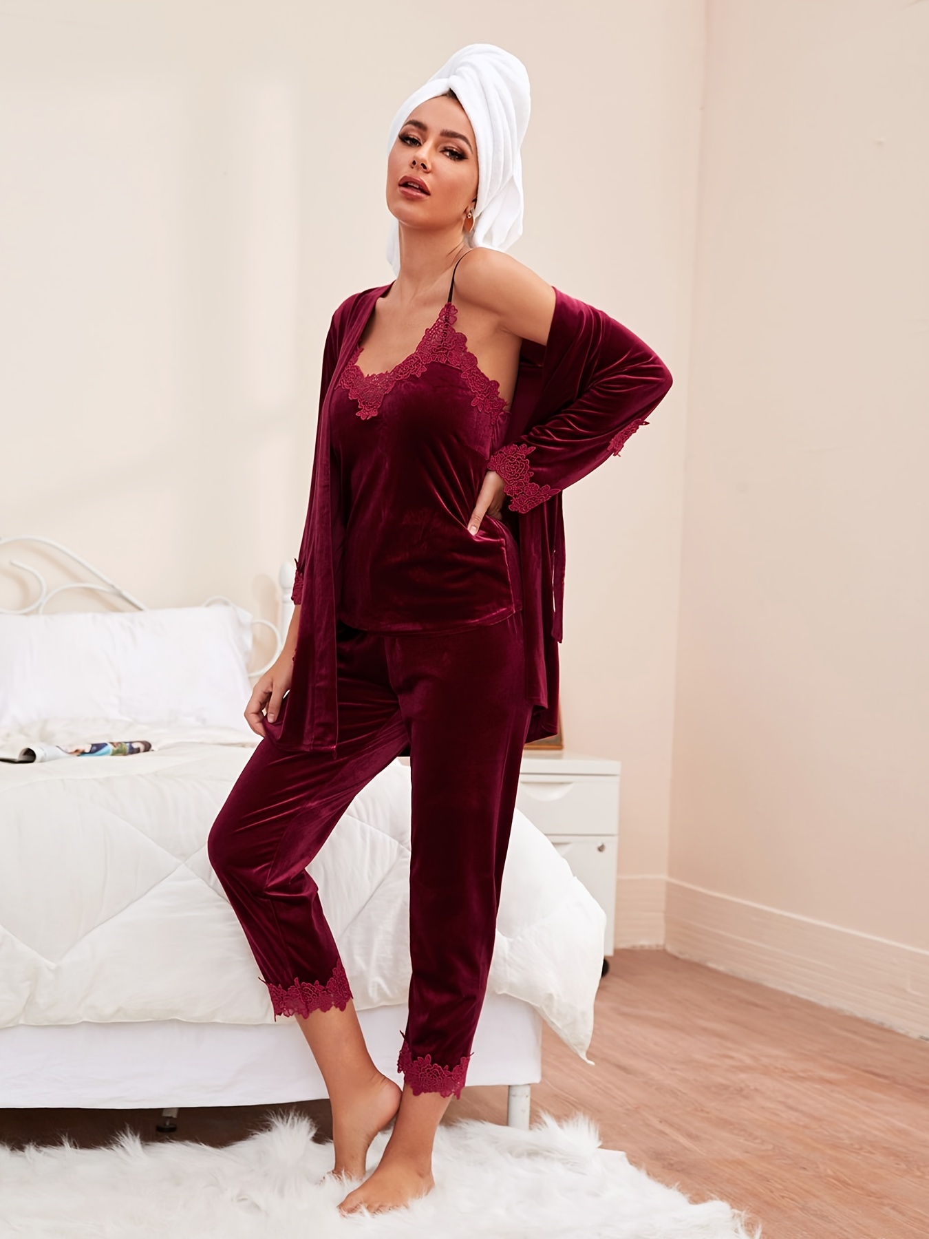 Lace Trim Velvet Pajama Dresses Sexy Deep V Side Slit - Temu