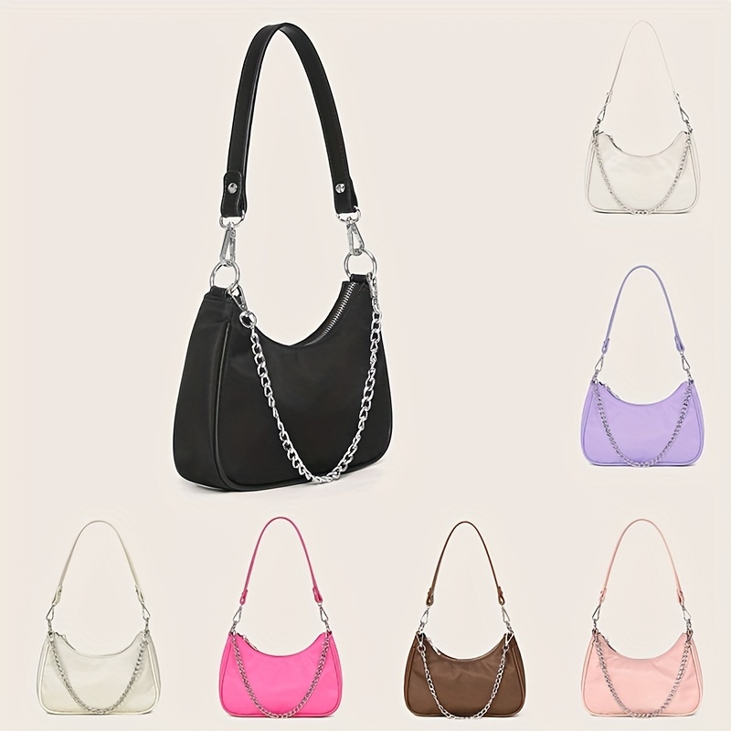 

Y2k Chain Baguette Bag, Trendy Nylon Shoulder Bag, Women's Solid Color Purse