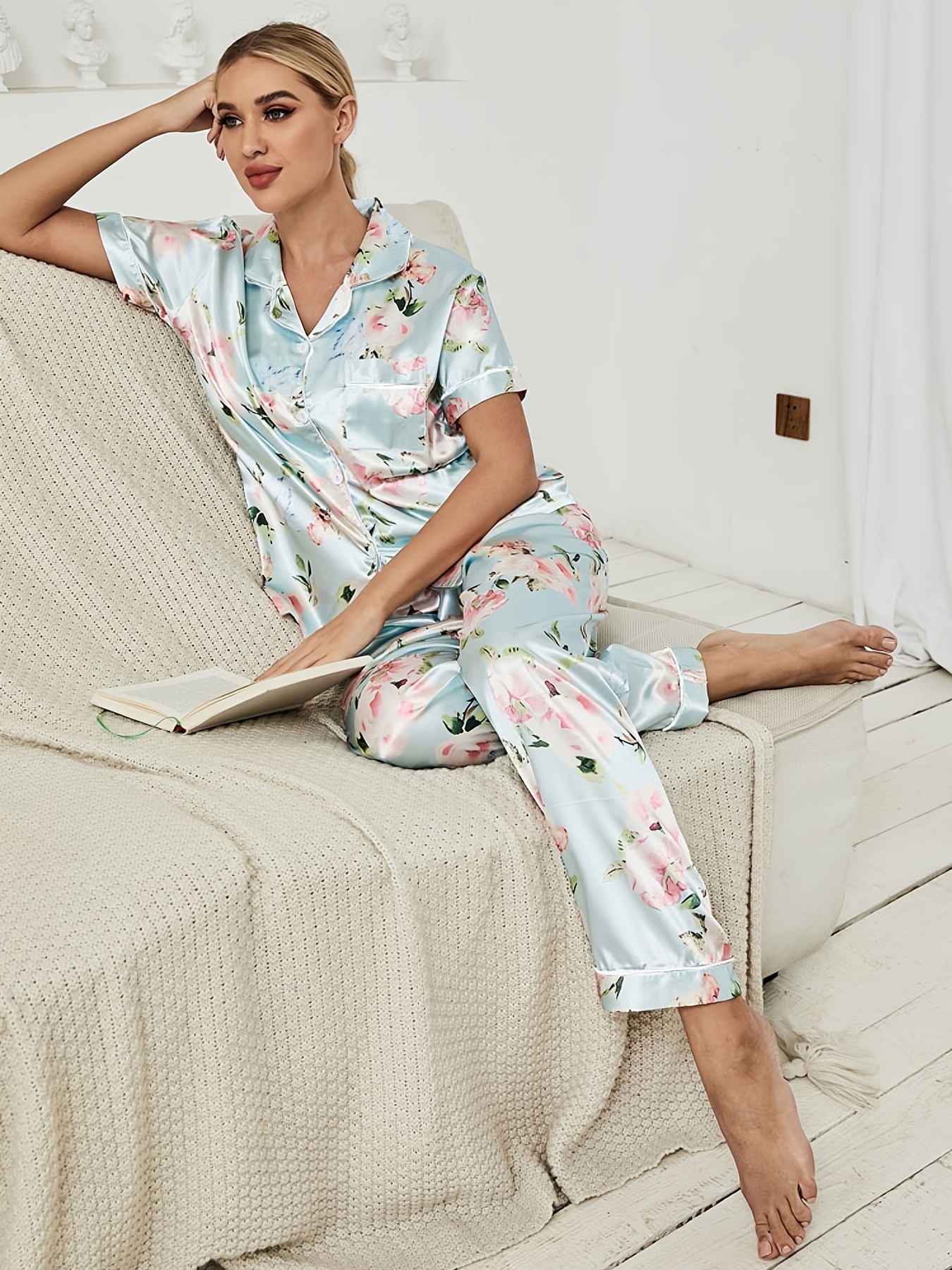 Elegant Satin Floral Print Pajamas Set, Lightweight Button Up Blouse Pajama  Top & Elastic Waistband Pajama Pants, Women's Loungewear & Sleepwear