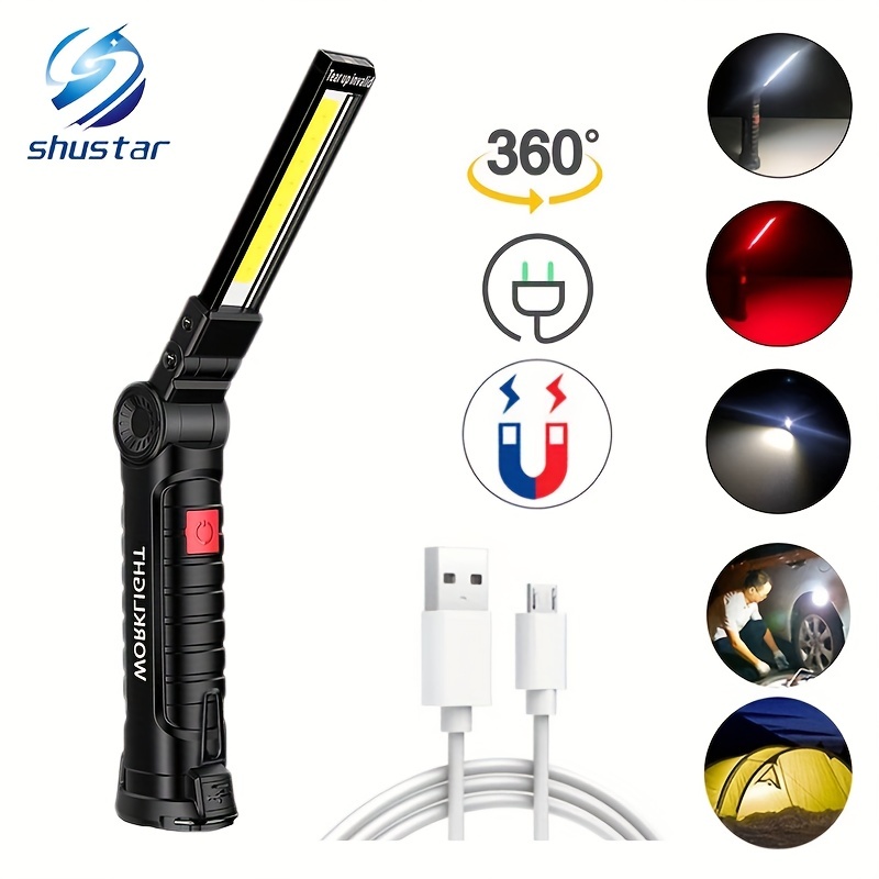 Rechargeable Cob Led Work Light With Magnetic Base And Hanging Hook  Portable, Adjustable, And Bright Ideal For Camping, Fishing, And  Emergency Use Temu