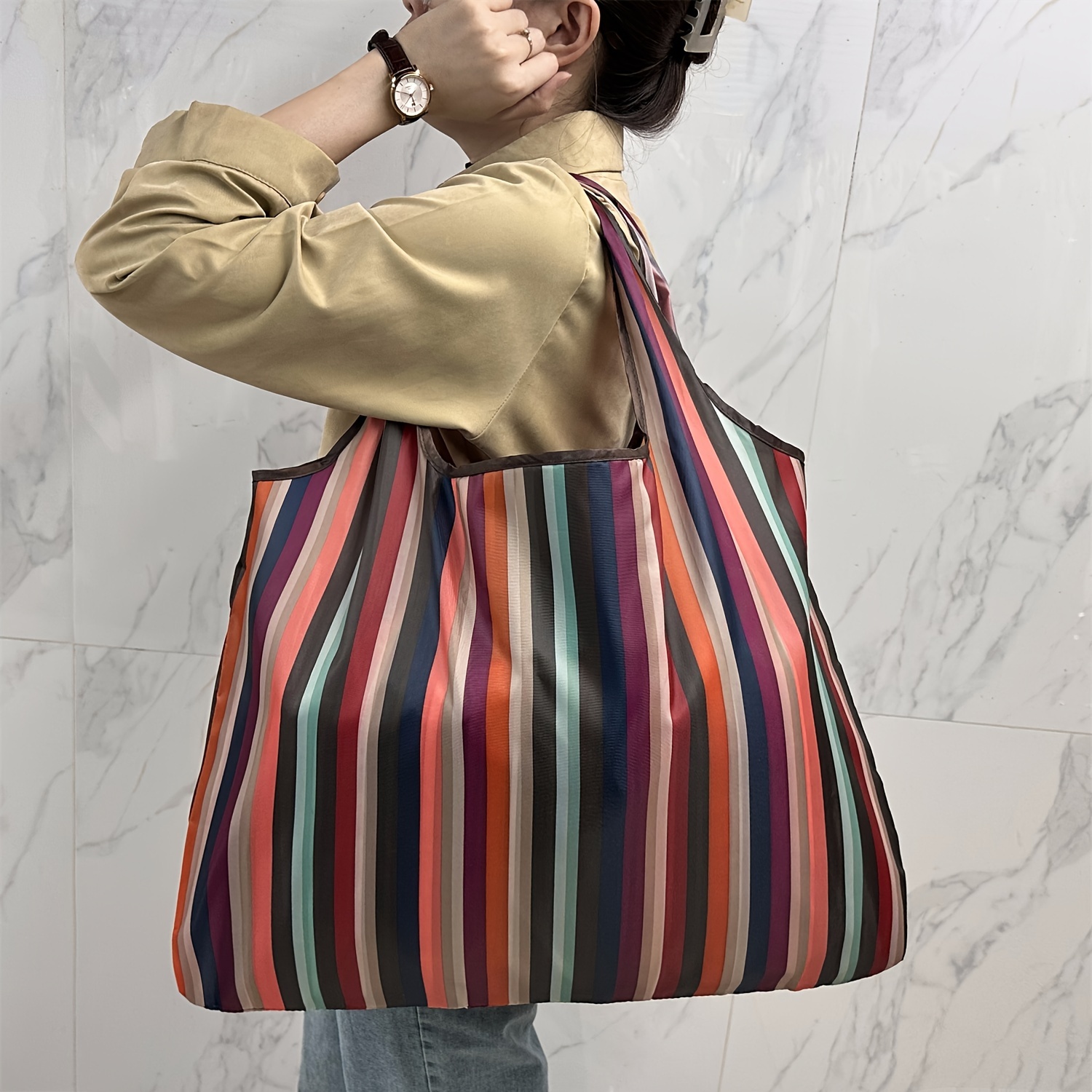 

Large Capacity Striped Pattern Shoulder Bag, All-match Versatile Shopping Handbag For Women