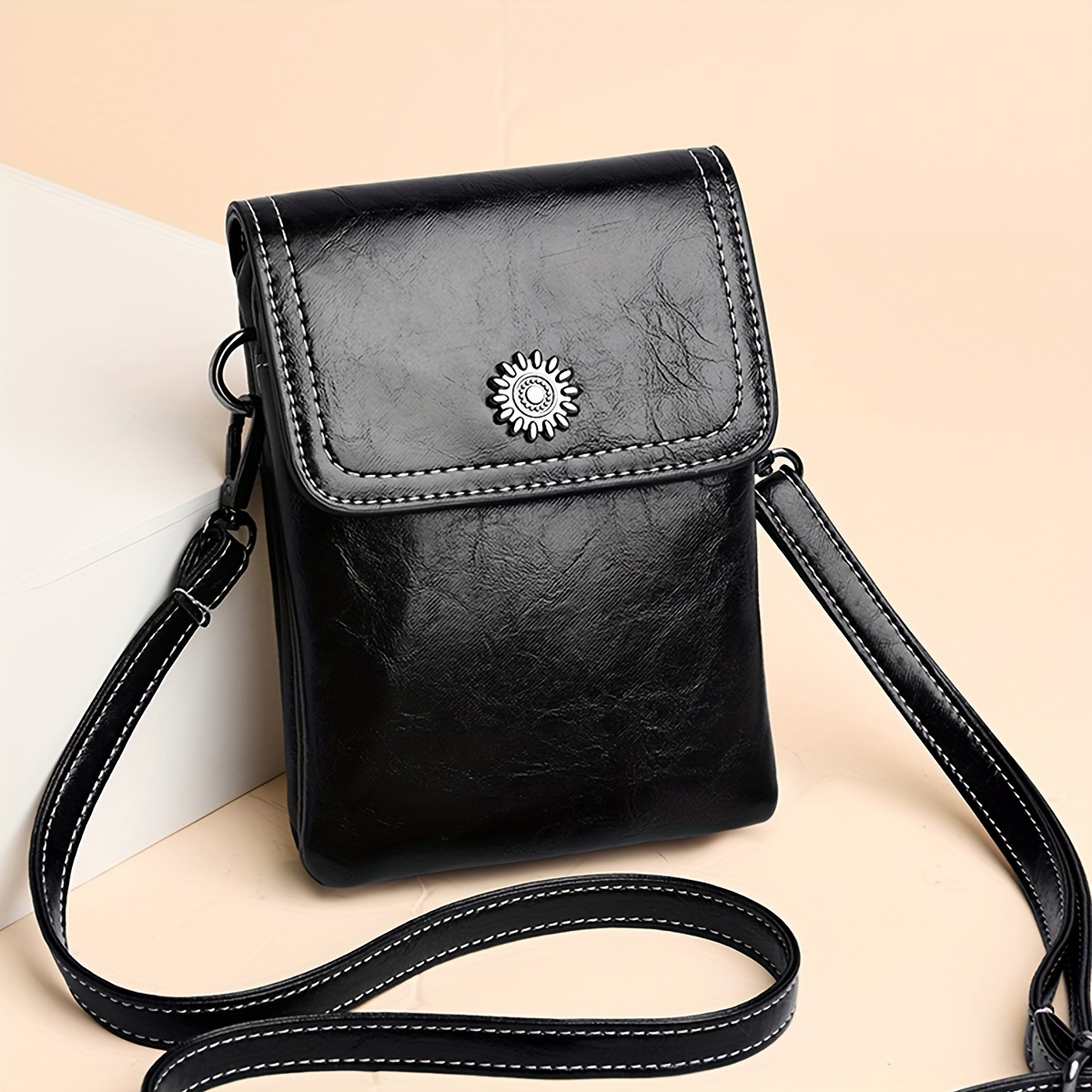 

Mini Retro Style Crossbody Bag, Oil Wax Leather Mobile Phone Bag, Women's Shoulder Flap Purse
