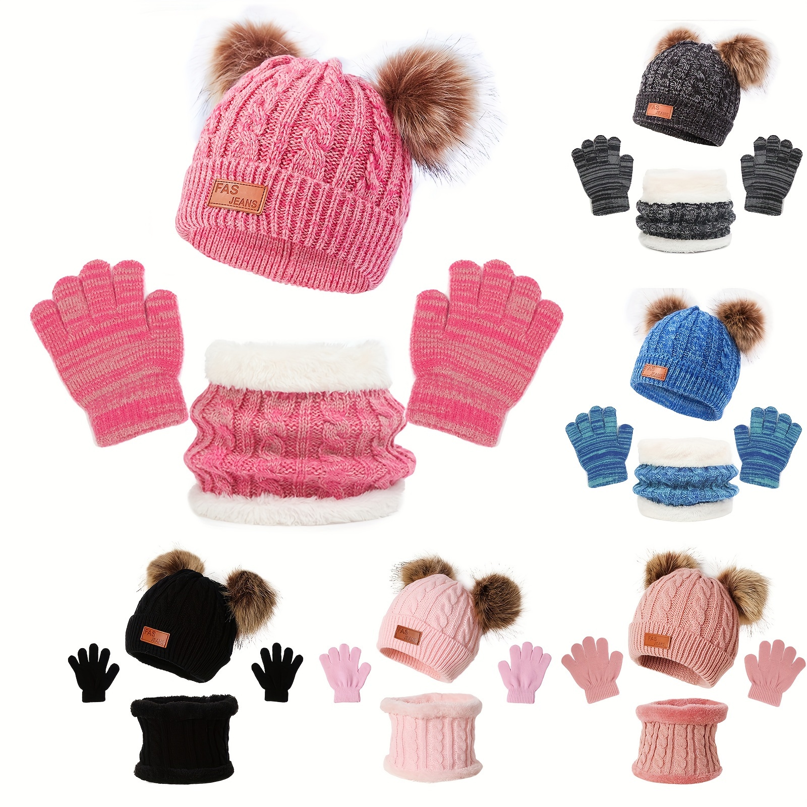 Enfant en bas âge unisexe hiver Pom Pom bonnet chapeau écharpe gants  ensemble tricot chaud chapeau polaire cou chaud garçons filles 2-10 ans  gris