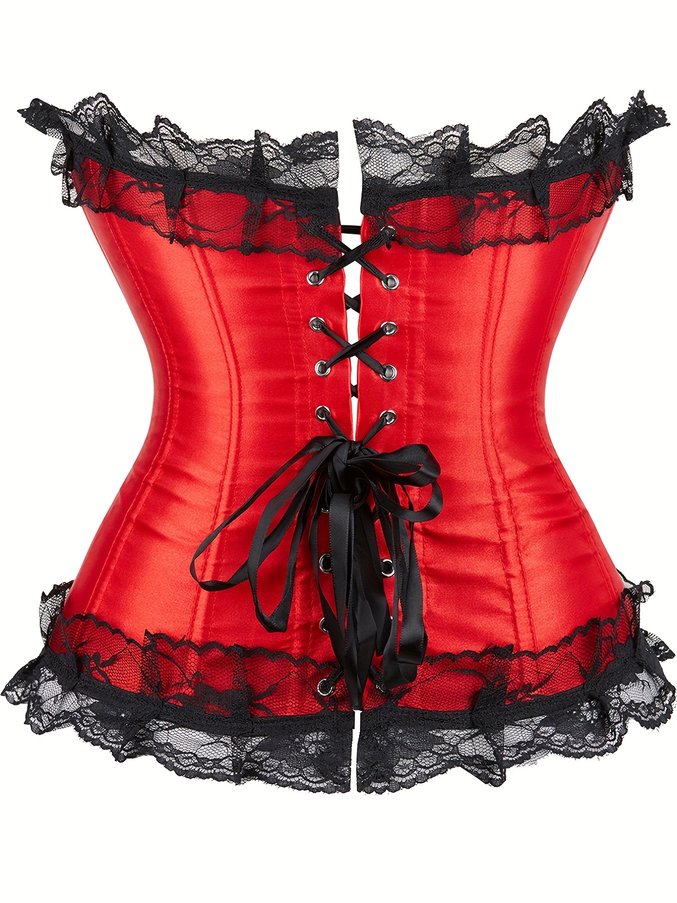 Jacquard Grommet Lace Up Back Frill Trim Zipper Corset With Panty