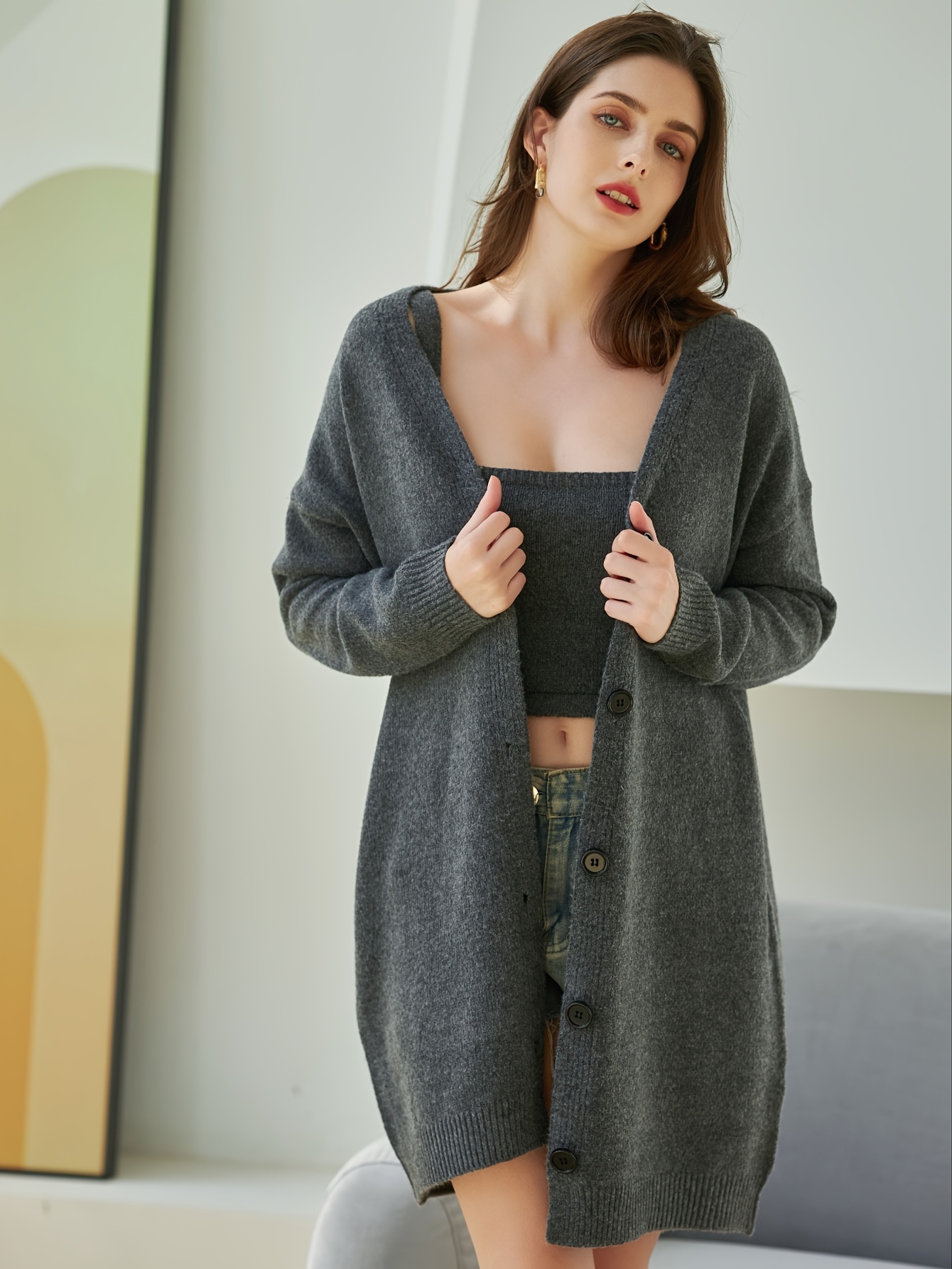 Solid Color Knit Two-piece Set, Casual Sleeveless Crop Top & Button Front  Long Sleeve Cardigan Outfits, Women's Clothing