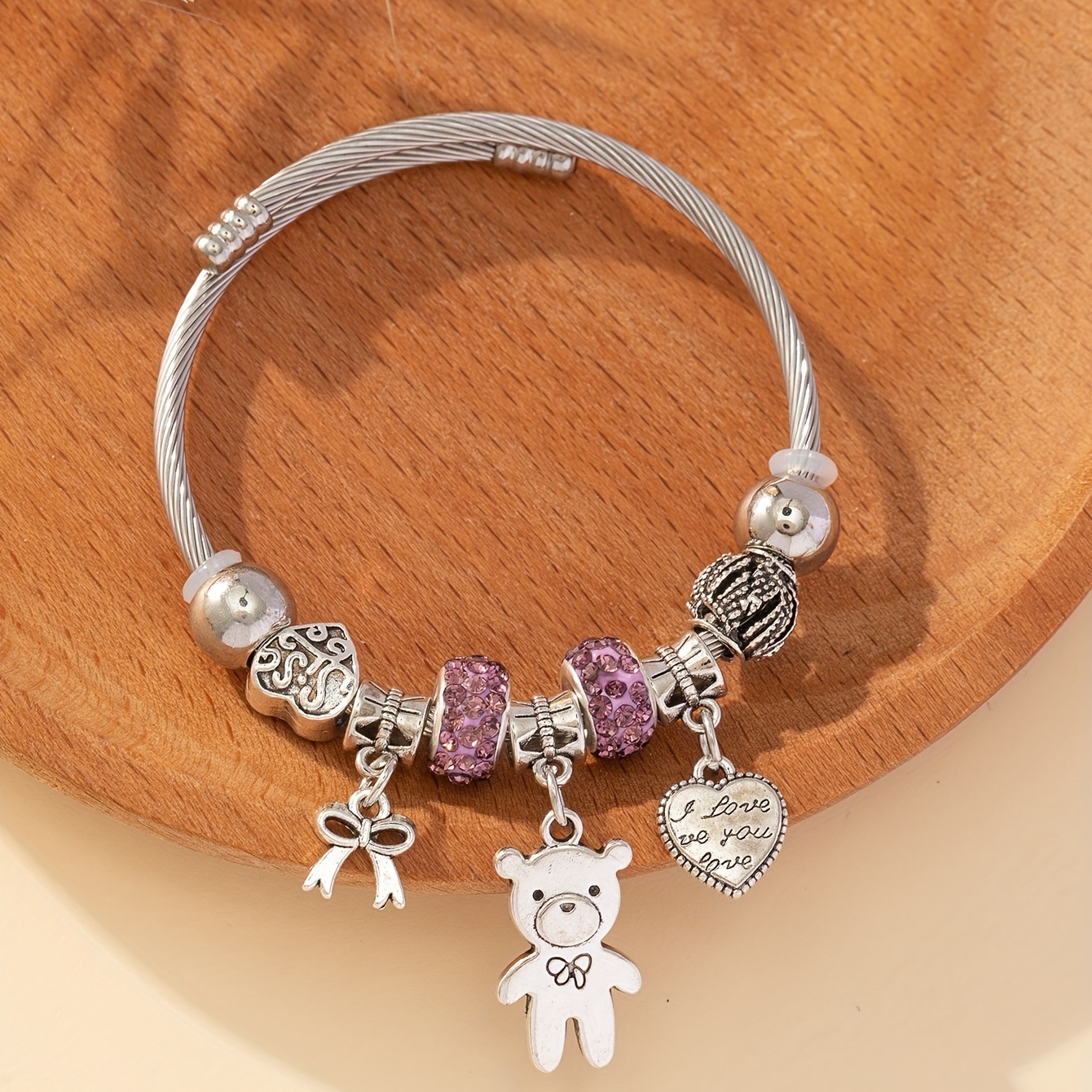 Kids Silver Pink Teddy Charm Bracelet