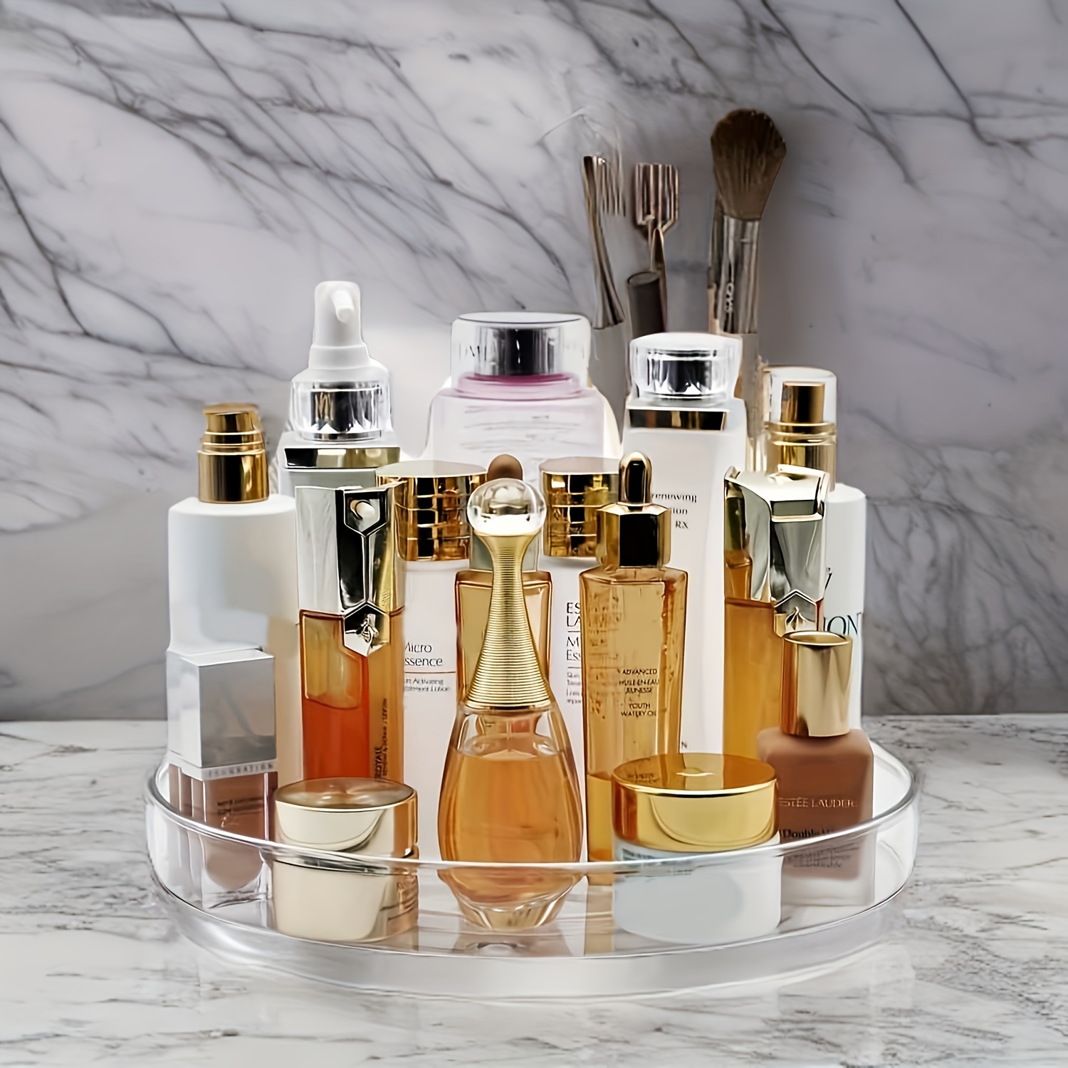 Soporte para brochas de maquillaje de vidrio vintage dorado, 4  compartimentos, organizador transparente para cosméticos, perfumes,  maquillaje