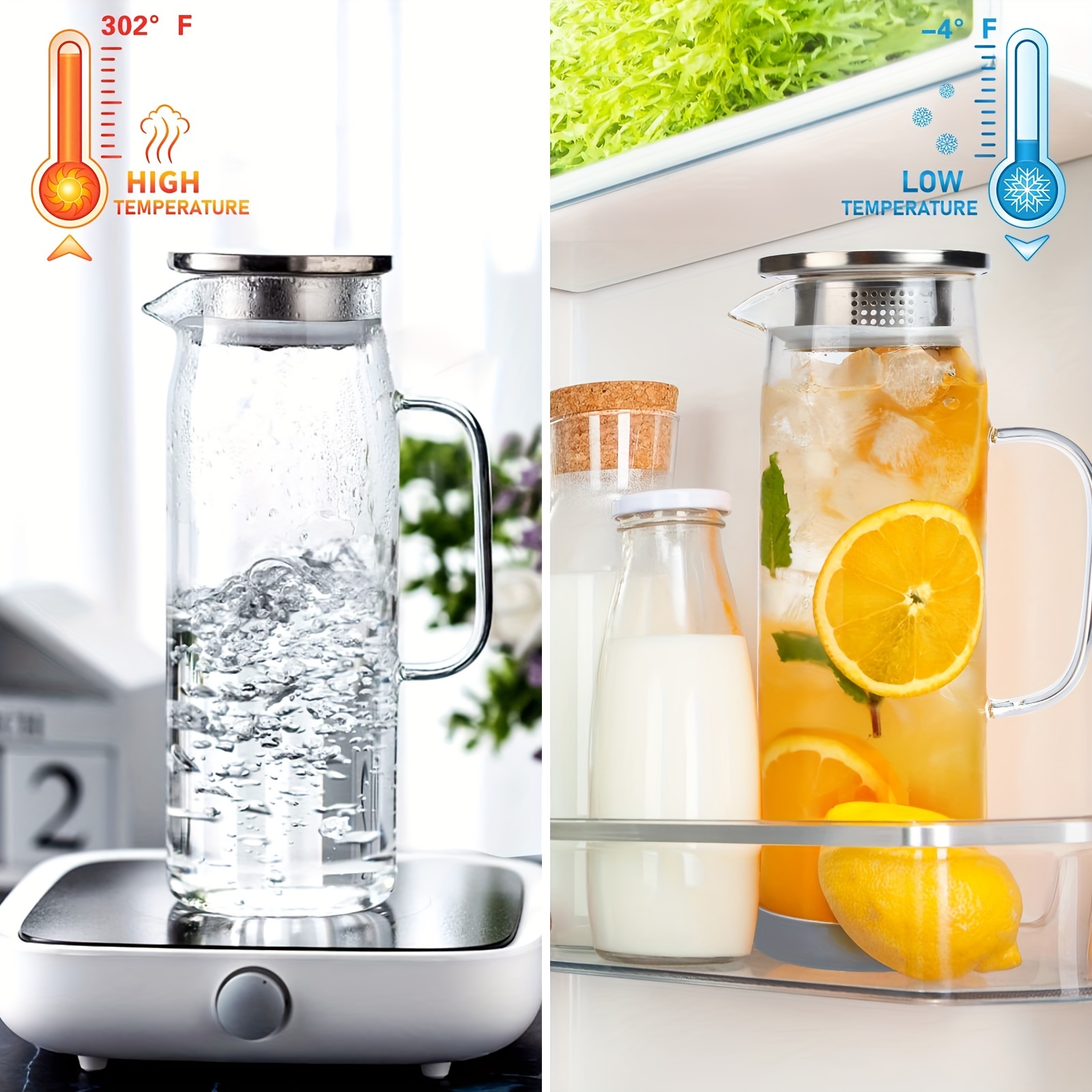 Jarra de vidrio prémium para agua y jugo con tapa (juego de 2 – 1.3  litros), jarra de agua fría caliente para mesa de comedor, té helado, jarra  de
