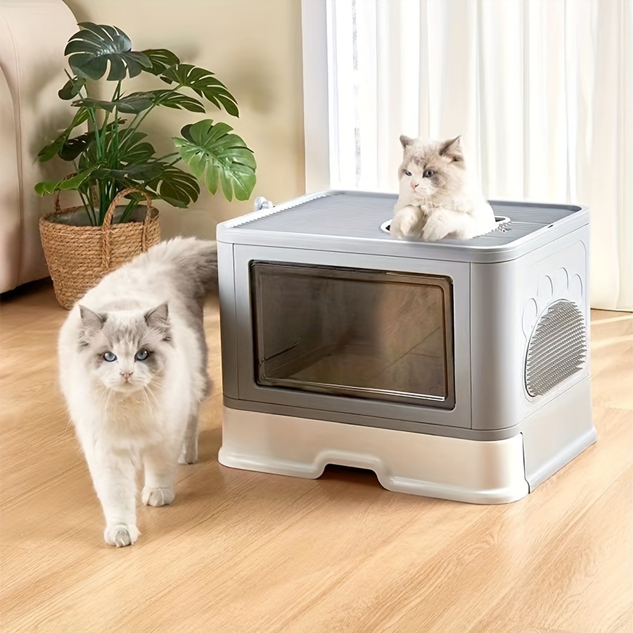 enclosed cat litter box with top and front entry anti splashing cat litter drawer with grooming brush foldable easy cleaning cat toilet for indoor cats