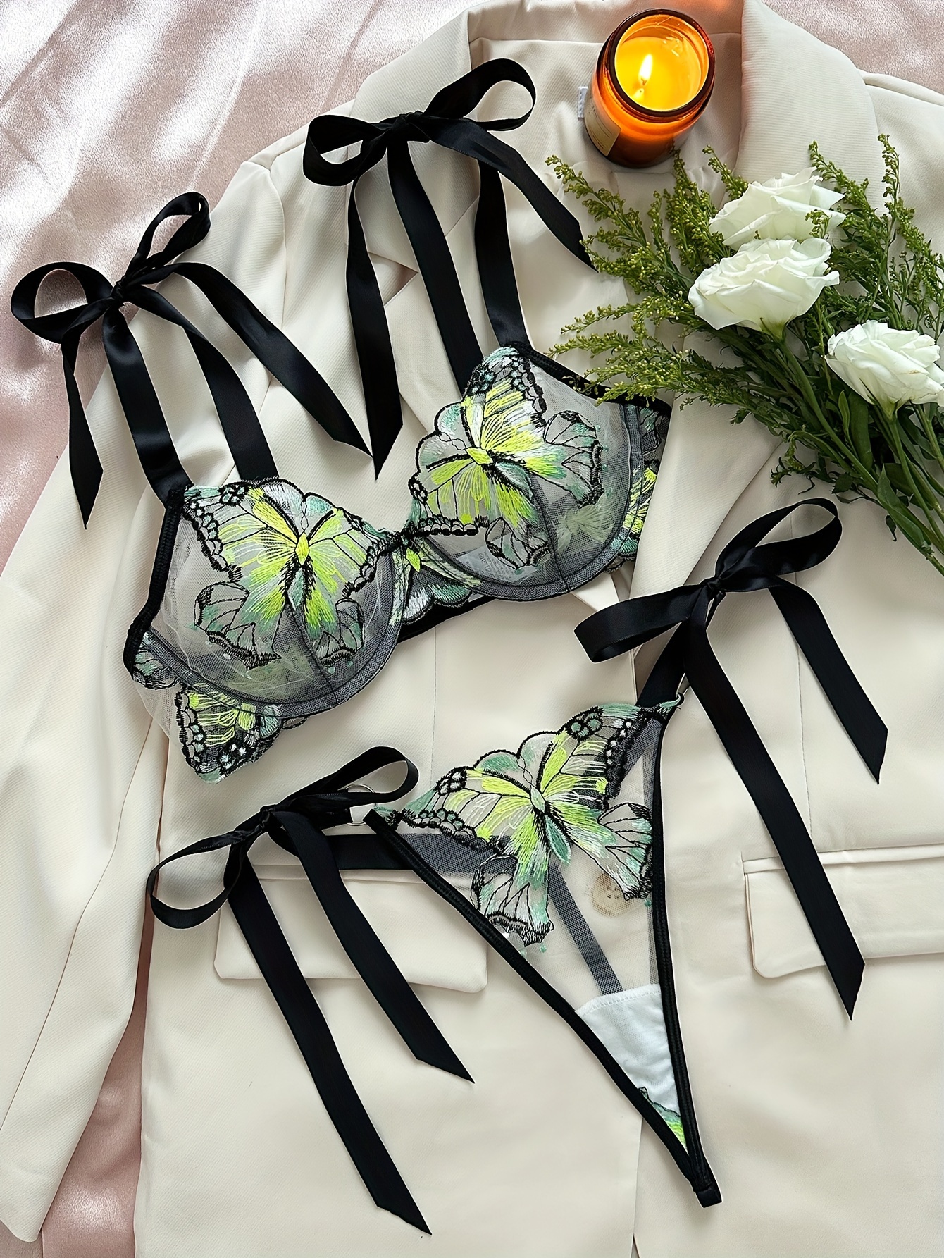 Butterfly Embroidery Lingerie Set Unlined Mesh Bra Strappy - Temu