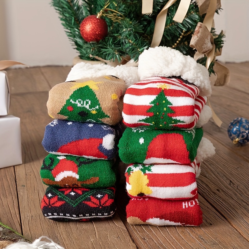 Chaussettes de Noël doublées de fourrure pour femmes et filles, douces,  moelleuses, épaisses, chaudes, pantoufles, sourire