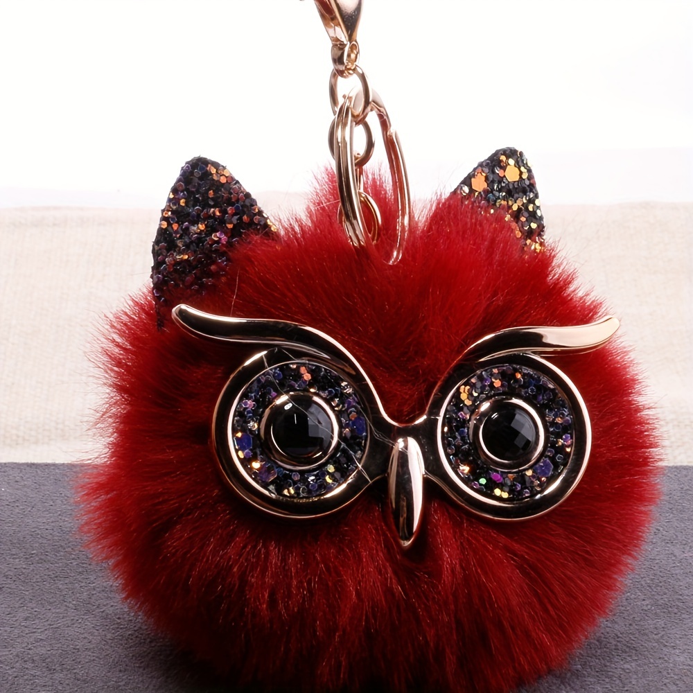 Little Luxuries Designs Fur Owl Head Pom Pom Keychain/Bag Charm