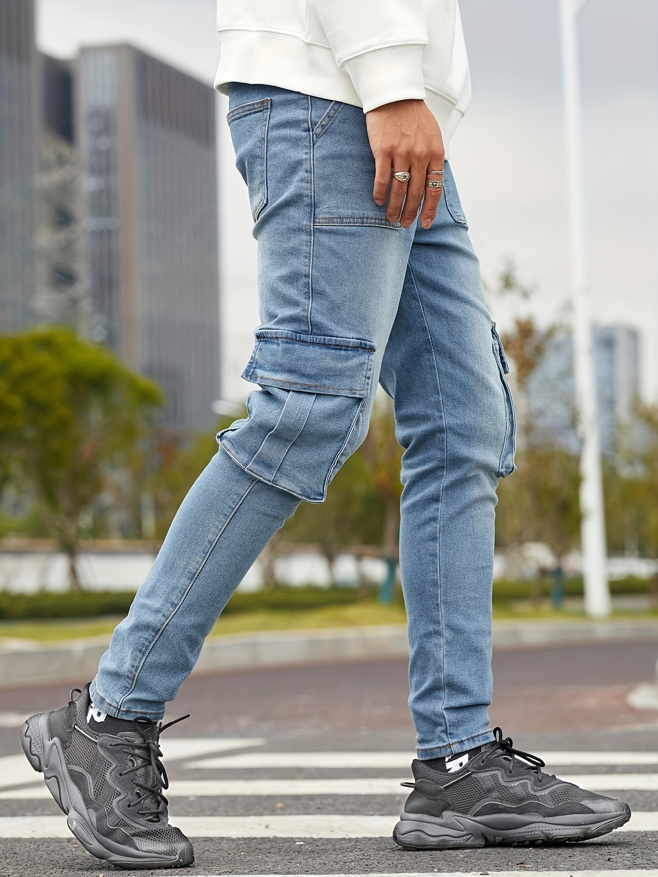 Jeans Men\'s Multi Fit Pocket Street Slim Casual Temu Style -