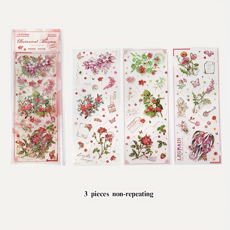 3pcs Non-repeating Long Strip Stickers, 21cm(8.3In)*7.5cm(3In)  Three-dimensional Hot Stamping Die Cut Stickers Set Retro Flower Journal  Material