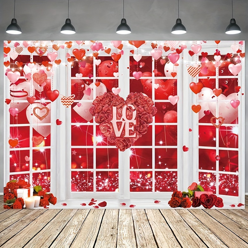 Happy Valentine's Day Backdrop Red Heart Love Balloon Window - Temu