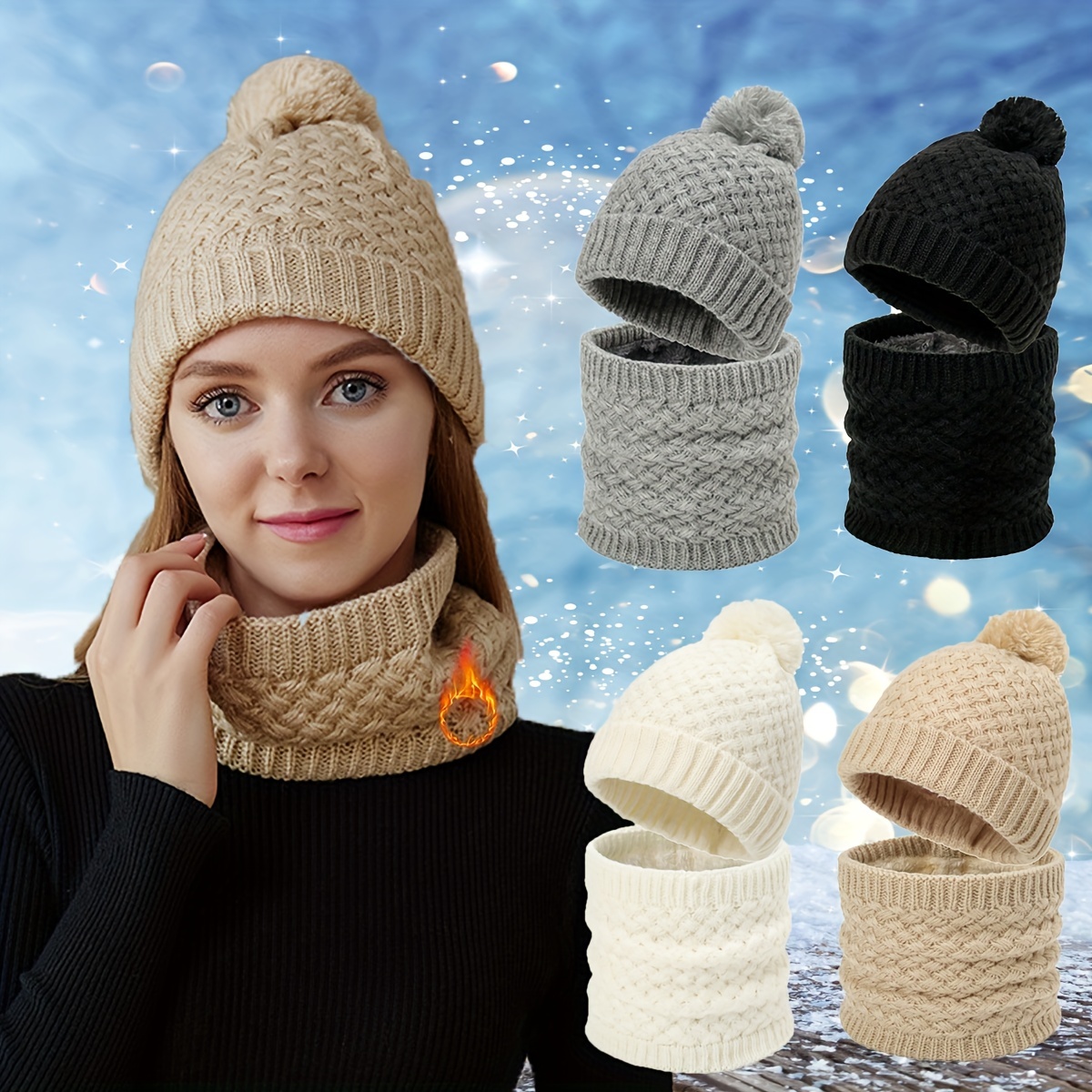 Bonnet chapeau homme hiver chaud tricot, ensemble 2 pièces bonnet echarpe  doublé fausse polaire pour sports de plein air- gris