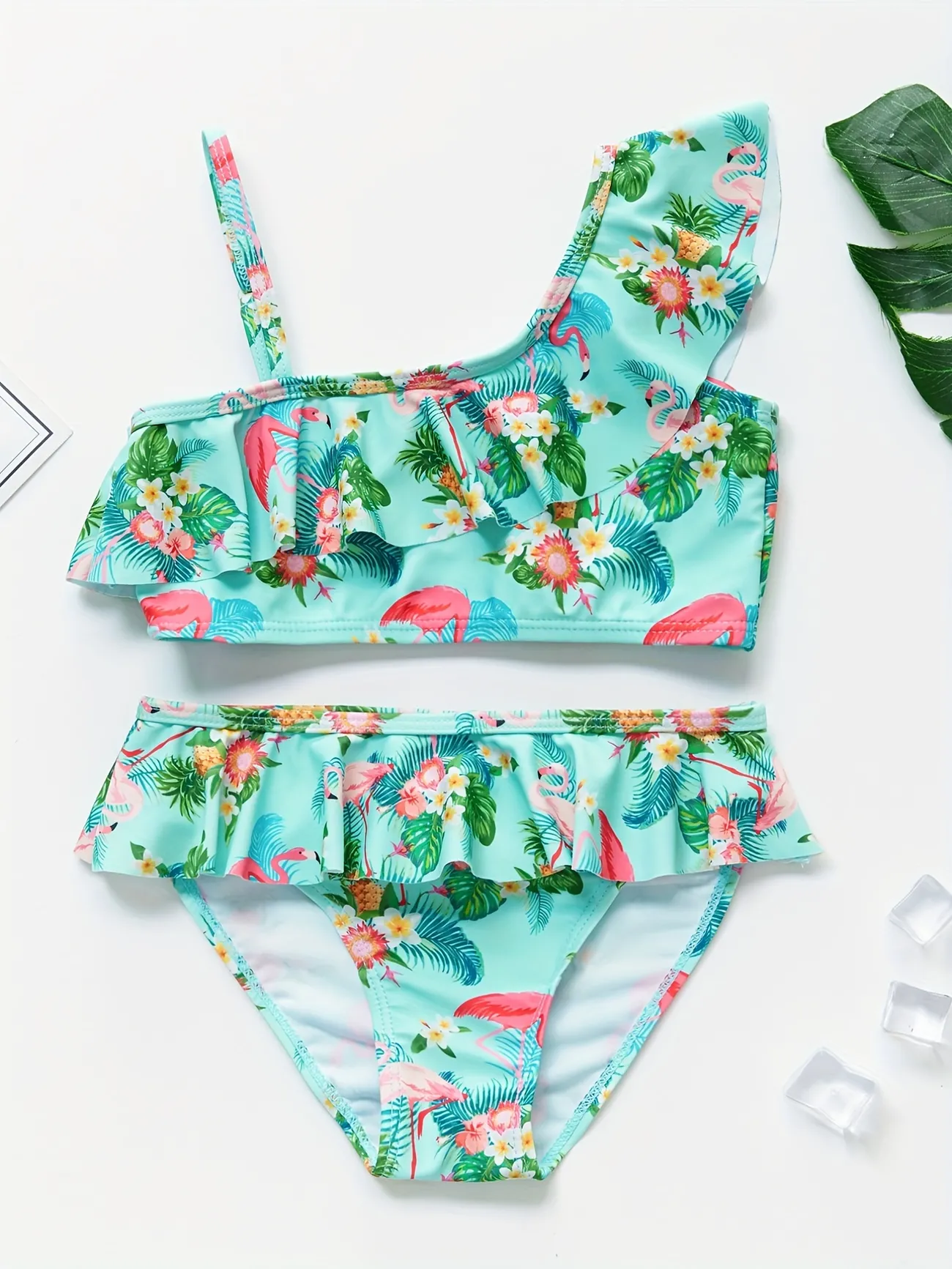 Girl's Fashion Flamingo & Leaves Graphic Asymmetric Shoulder Bikini Set With Ruffle Hems, Kids Bathing Suit For Swimwear Pool Party - Temu