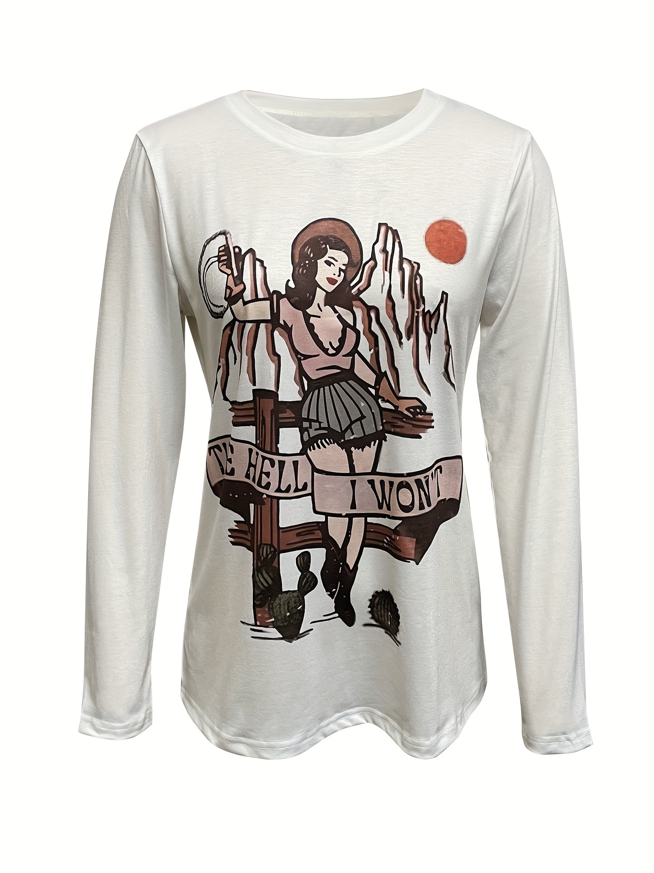 Cartoon Print Crew Neck T-Shirt, Casual Long Sleeve Top For Spring & Fall,  Women's Clothing