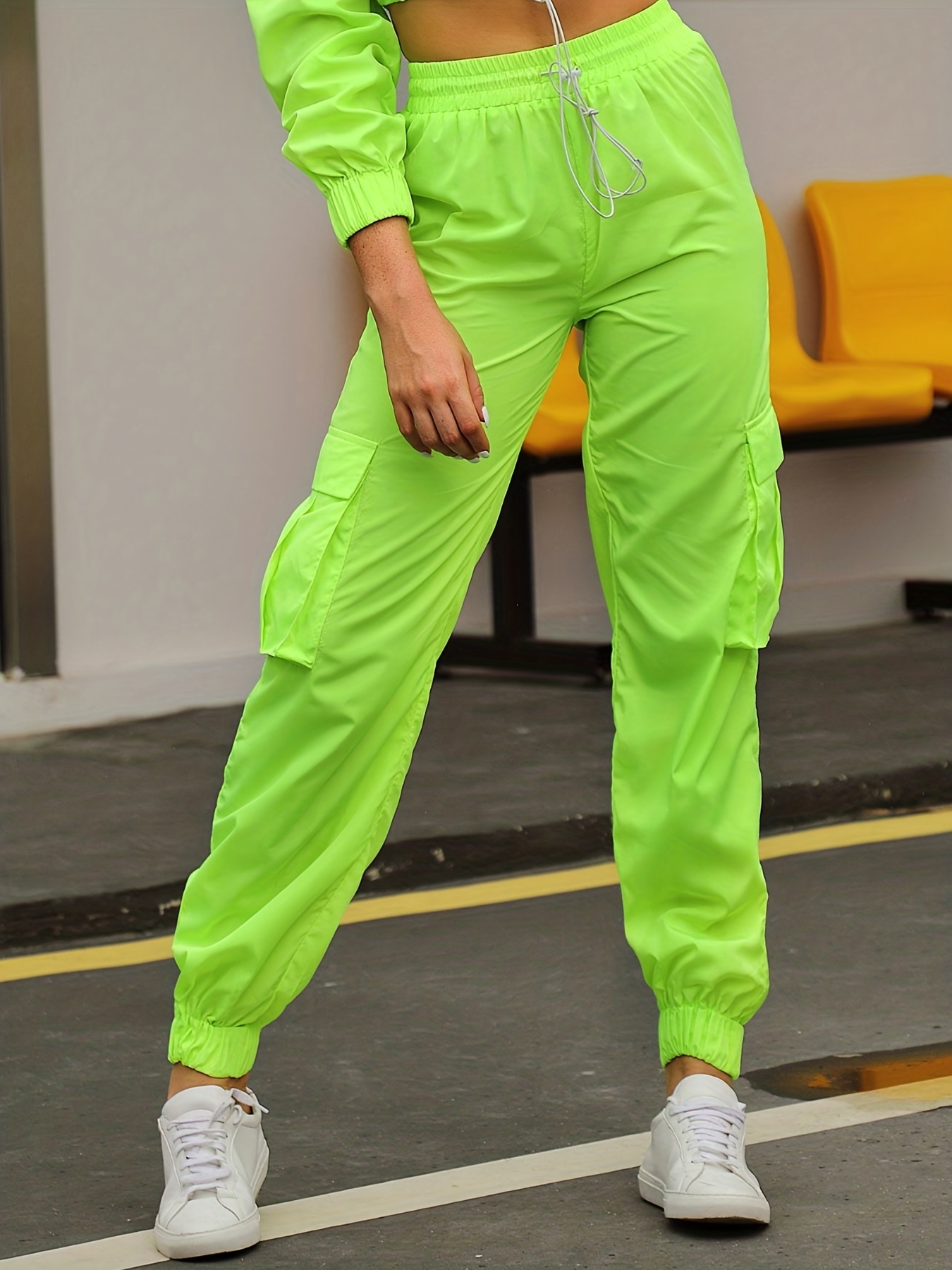Solid Color Elastic Waist Pockets Jogging Pants Drawstring - Temu