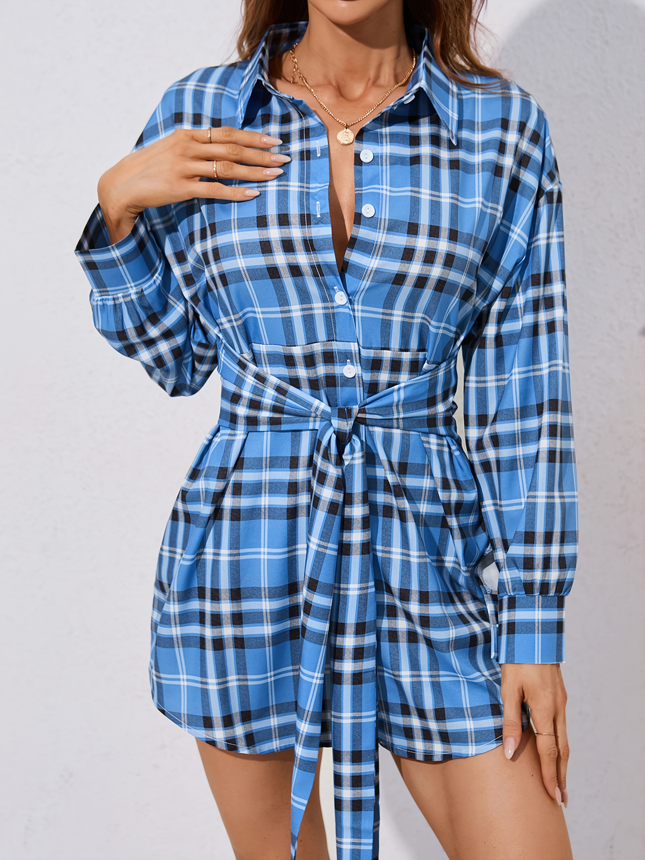 Women's Plaid Print Shirt Dresses Button Up Split Neck Tunic Dress, Blue, S  at  Women's Clothing store