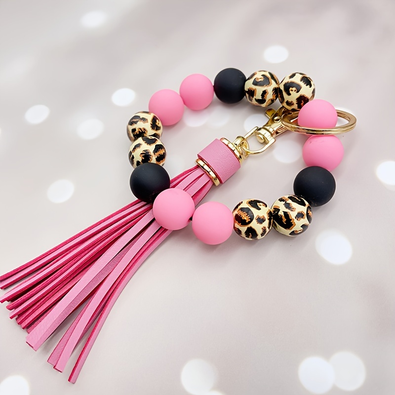 1pc leopard print acrylic bead bracelet with pu tassels and a keychain keyring 122 2 pink 12