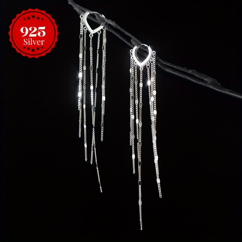 

S925 Sterling Silver Ear Buckle Heart-shaped Long Tassel Earrings, Elegant Fashionable Jewelry