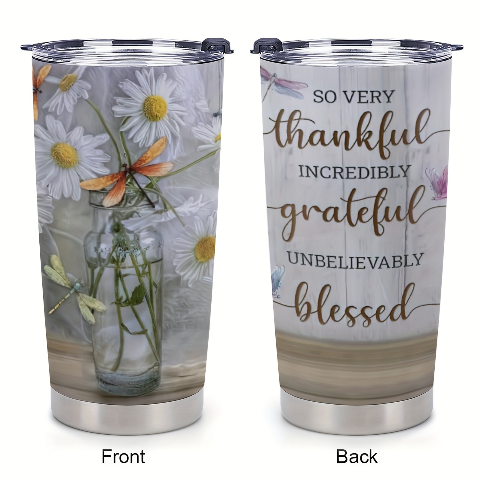 

1pc 20oz Thankful Grateful Blessed Daisy Flower And Dragonfly Inspiration Tumbler Cup, Double Wall Vacuum Cup Insulated Travel Coffee Mug With Lid