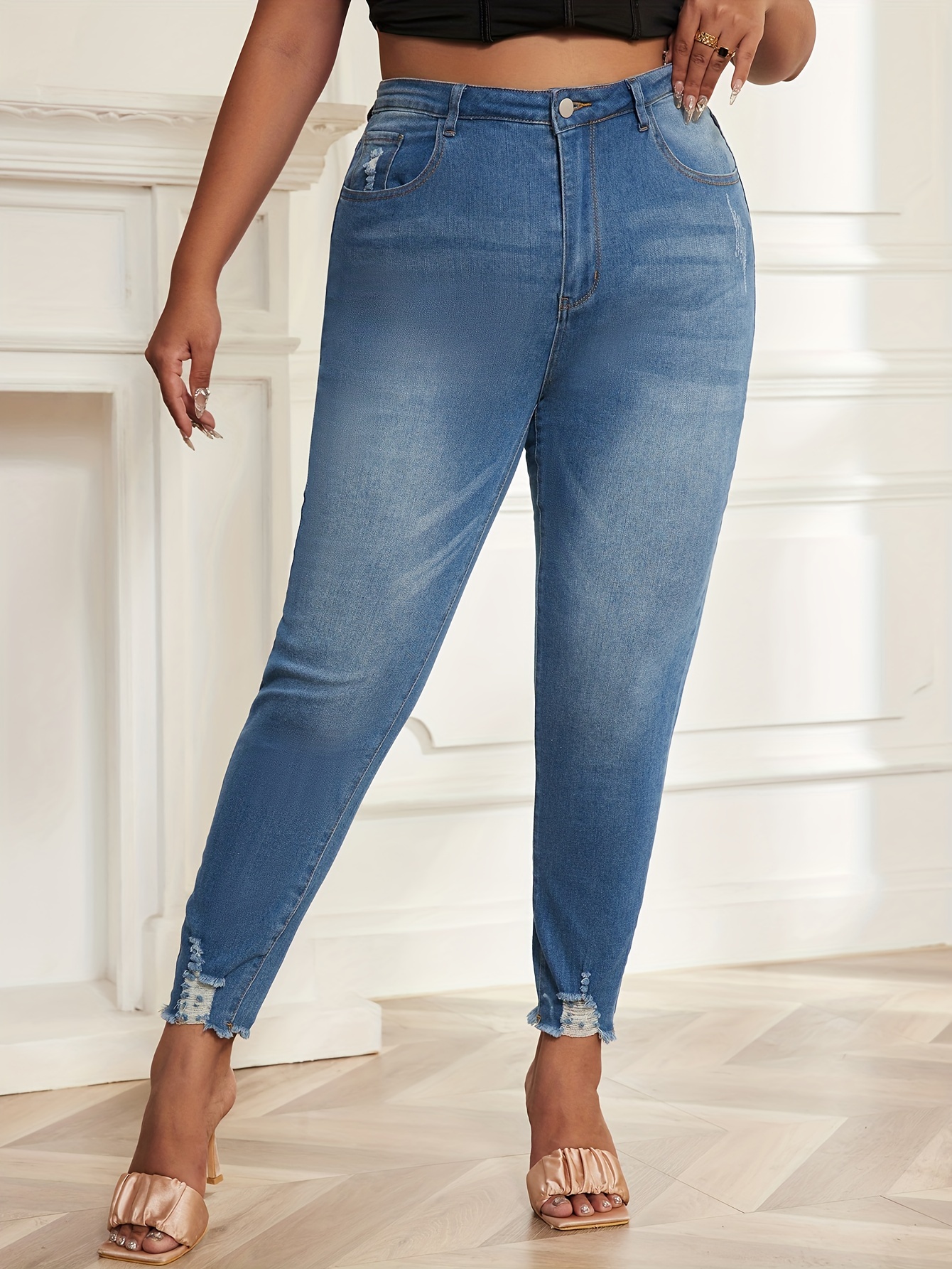 Calça Jeans Casual Plus Size, Feminina, Com Gravata Rasgada, Cintura  Elástica, Stretch Alto, Calça Jeans Skinny