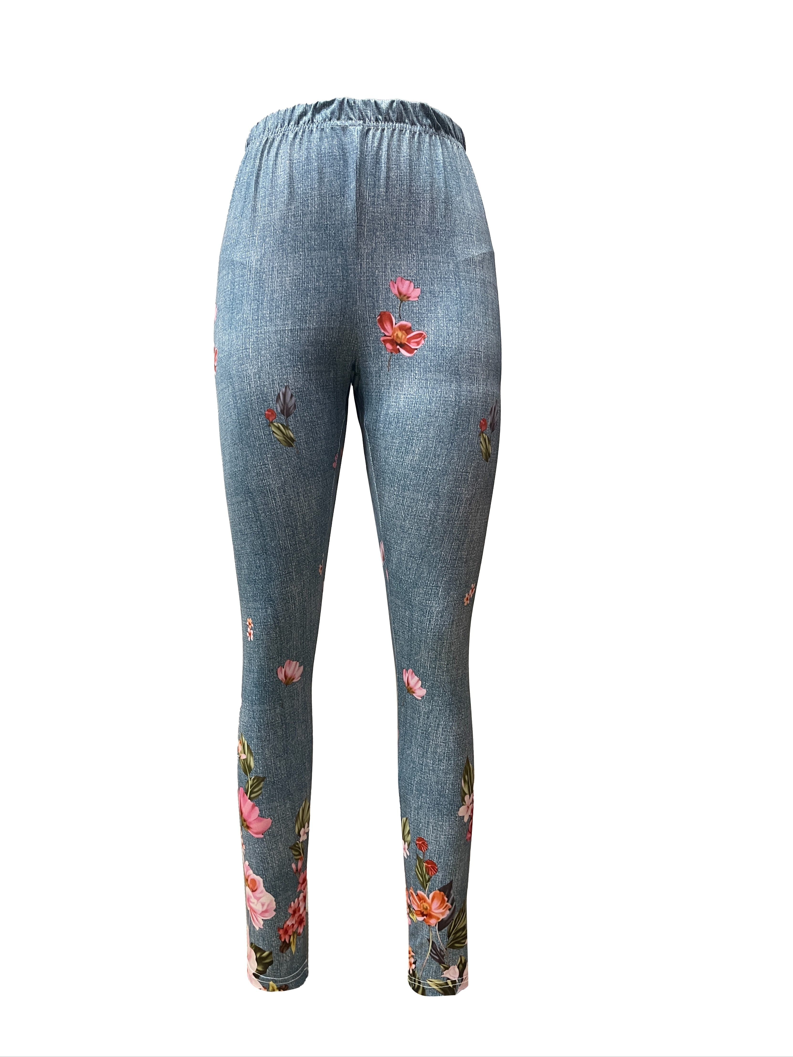 Floral Print Skinny Leggings Casual Elastic Waist Stretchy - Temu Canada