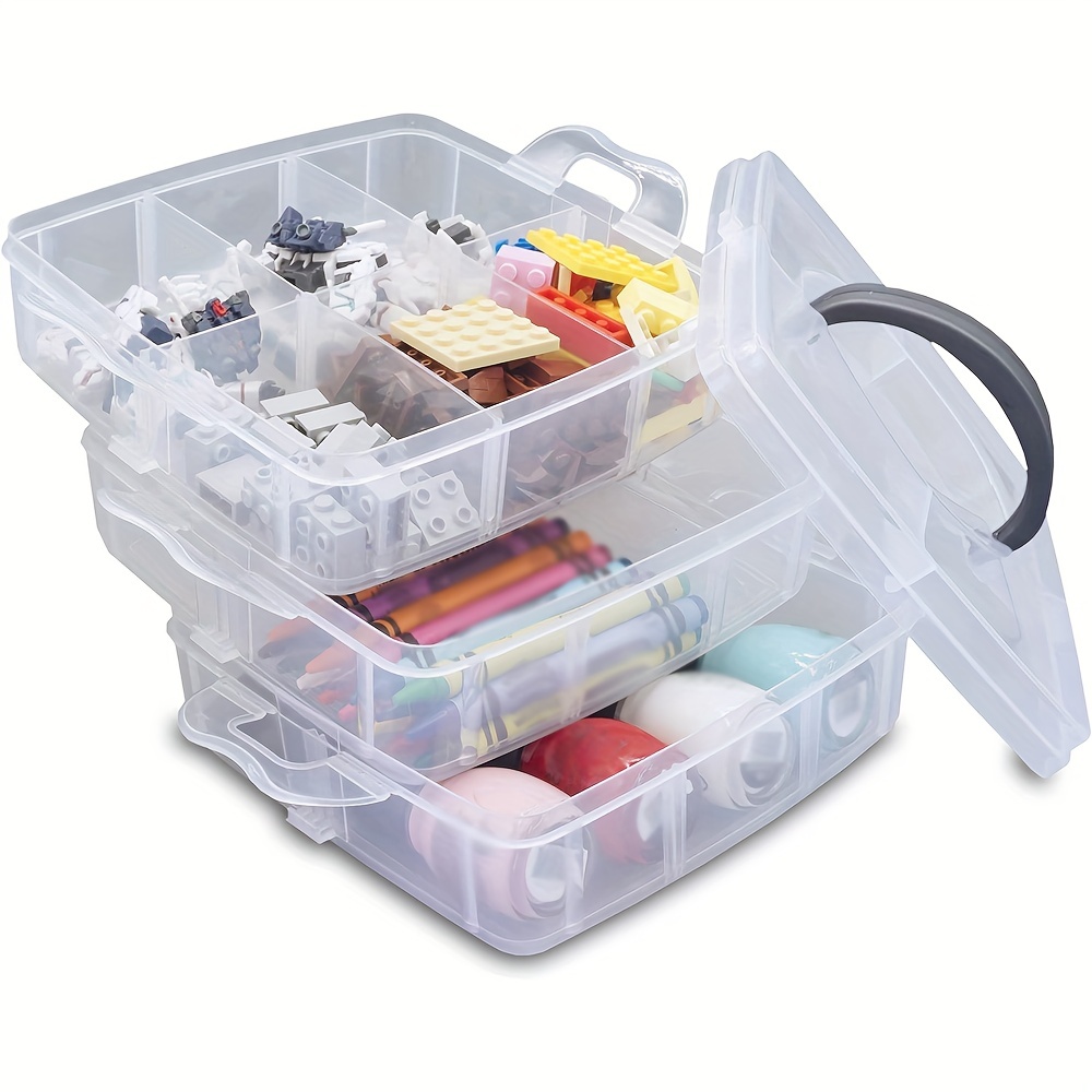 3-Layer Stackable Craft Storage Containers - Clear Plastic Craft Box Organizer with 18 Adjustable Compartments and Handle - Portable Beads Organizers