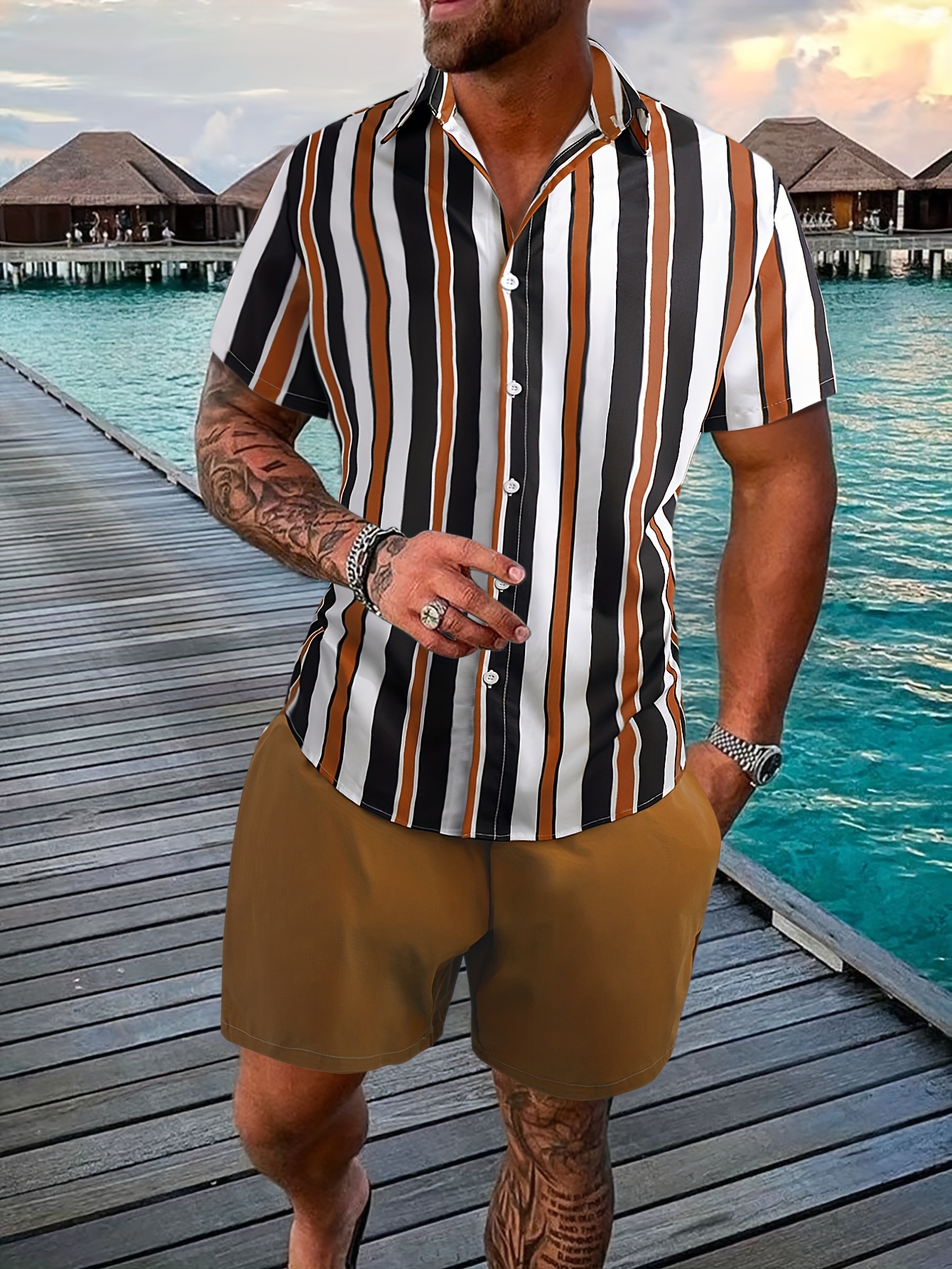 Men's 2 Pieces Outfits, Strip Print Button Up Shirt And Drawstring Shorts  Set For Summer