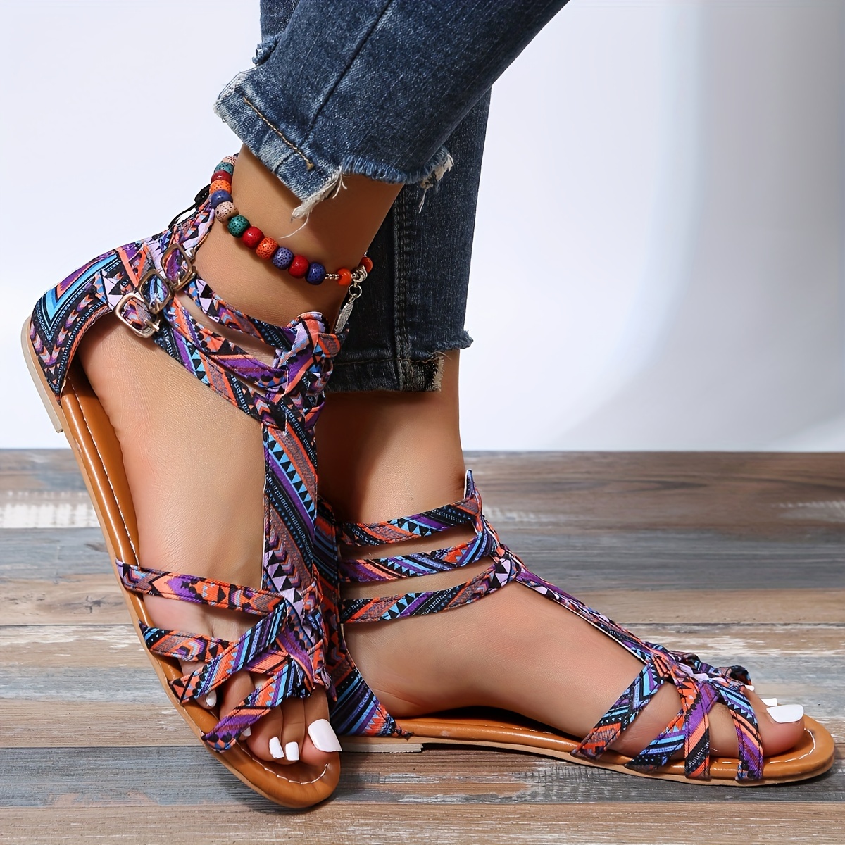 Women's Flat Summer Sandals, Geometric Pattern Open Toe Shoes, Casual Beach  Outdoor Sandals