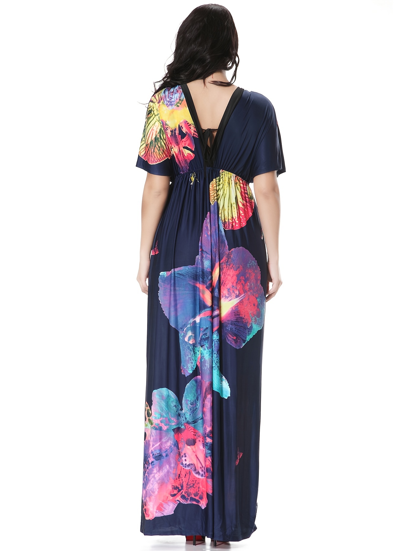 Plus Size Boho Dress, Women's Plus Floral Print Puff Sleeve Square Neck  Maxi Dress