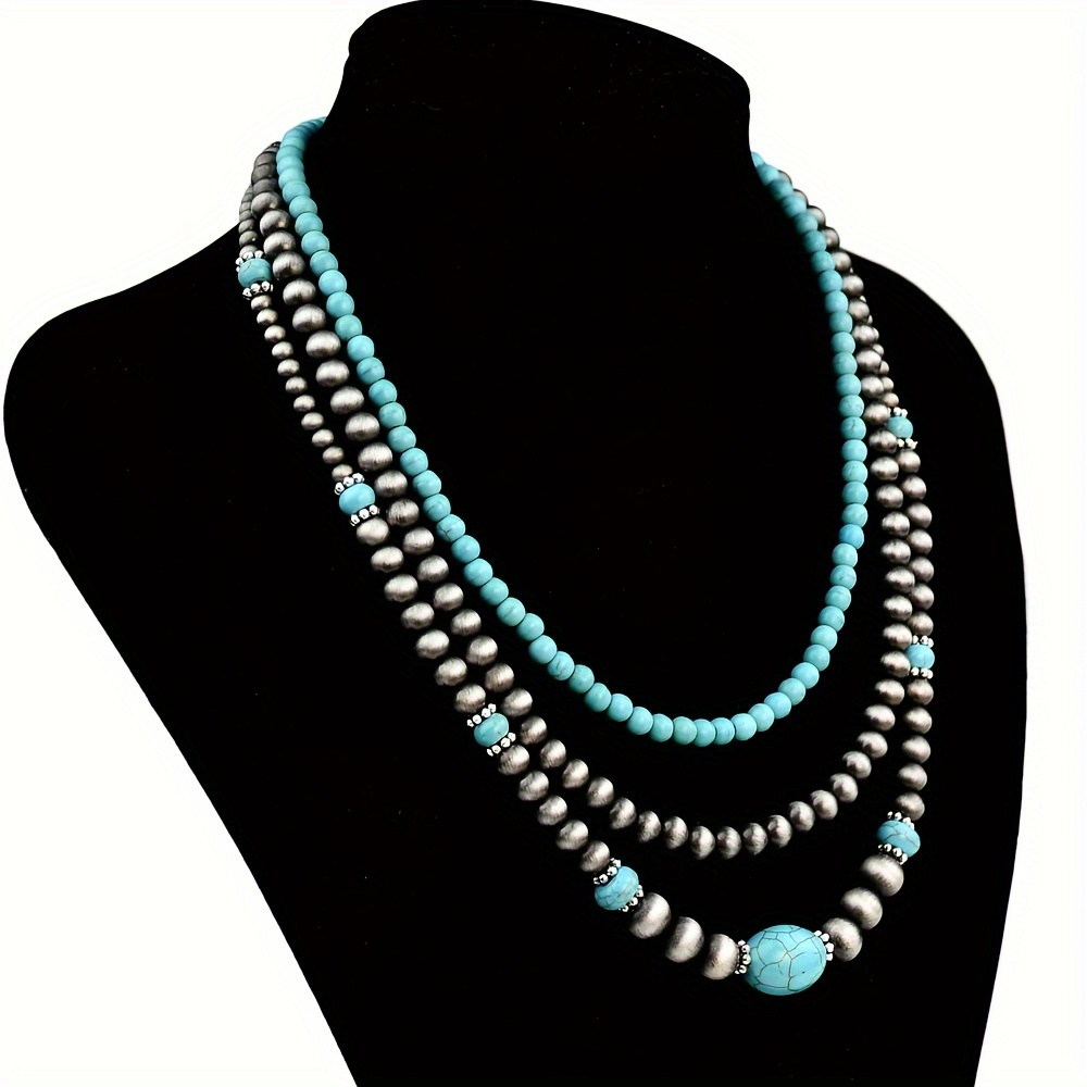 

3pcs Western Vintage Ccb Antique Lacquer Plated Navajo Beads Turquoise Necklace For Women