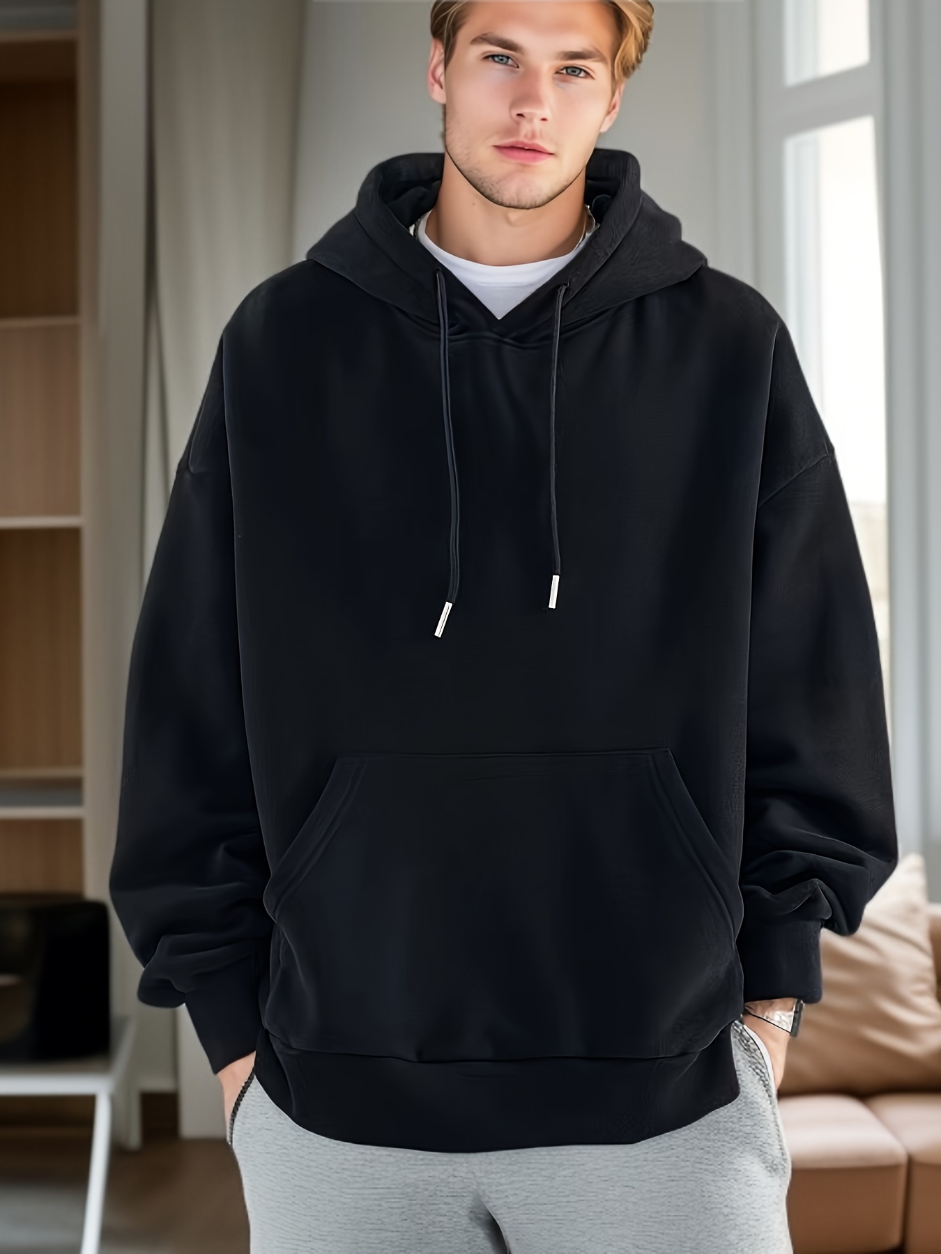 Men's Stylish Loose Solid Hoodie Pockets Casual Slightly - Temu