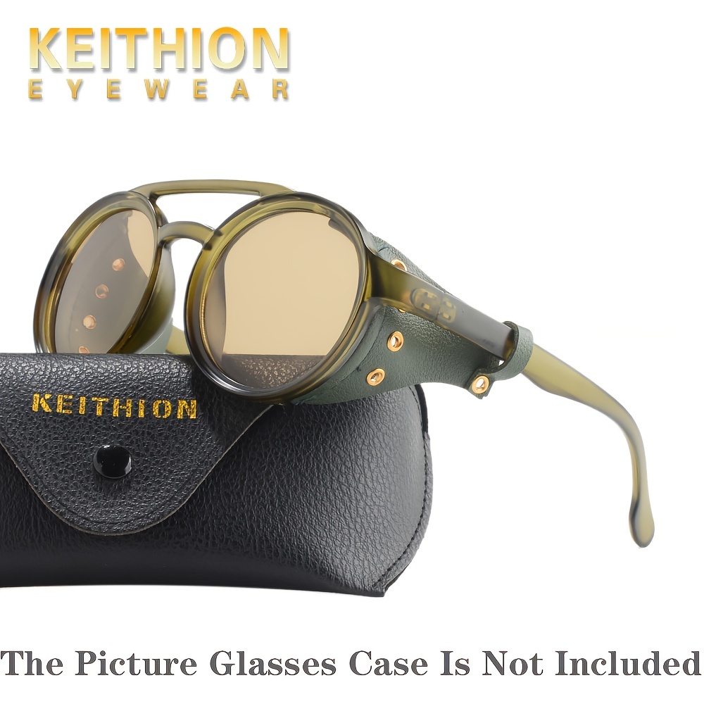 

Keithion Glacier Windproof Mountaineering Steampunk Style Round Vintage Sunglasses, Retro Eyewear For Men Women With Leather Side Goggles, Cycling Riding Biking Moto Sunglasses
