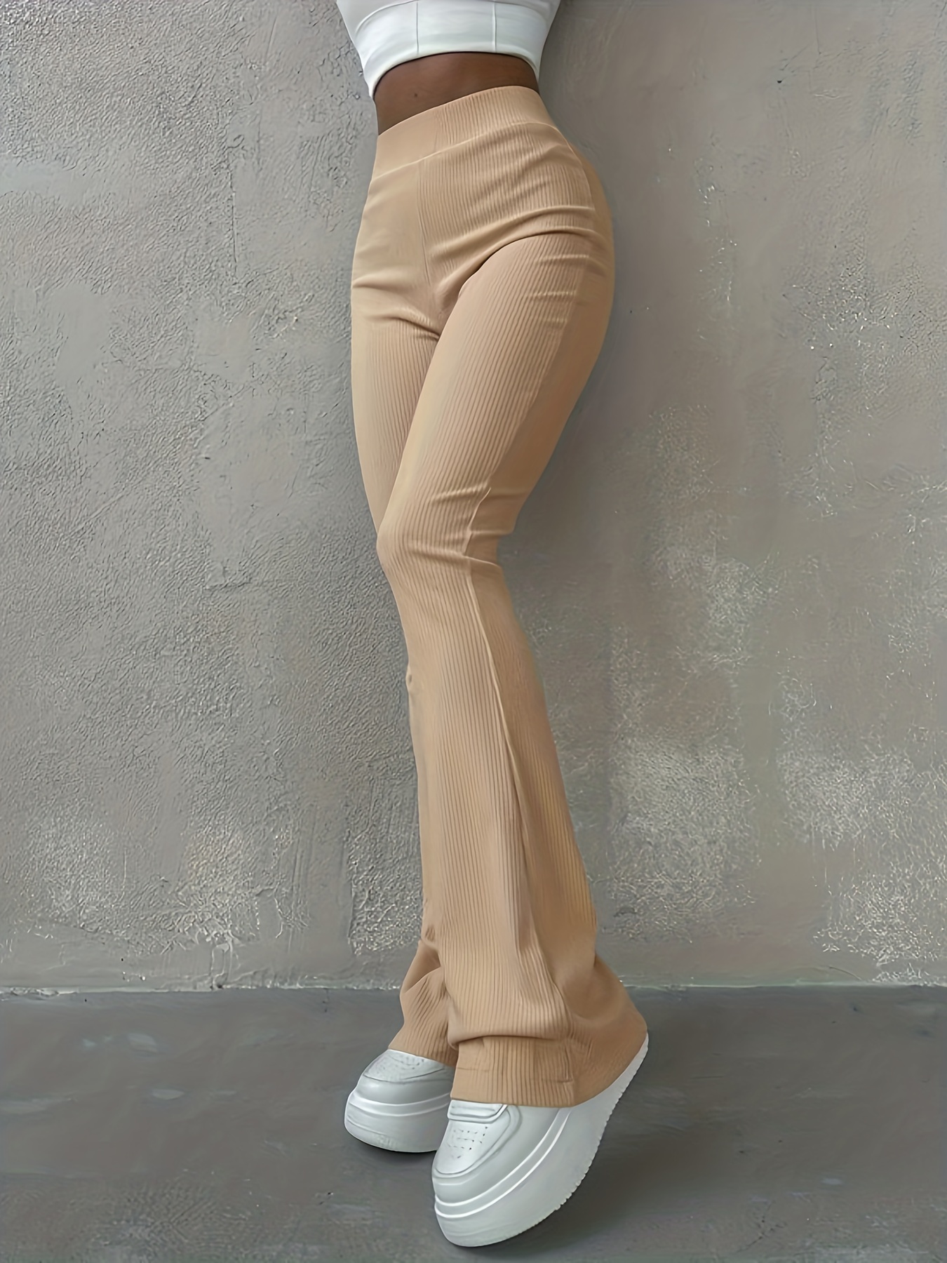  Women's Pants Pants for Women Solid Rib Knit Flare Leg Pants  (Color : Coffee Brown, Size : Small) : Clothing, Shoes & Jewelry