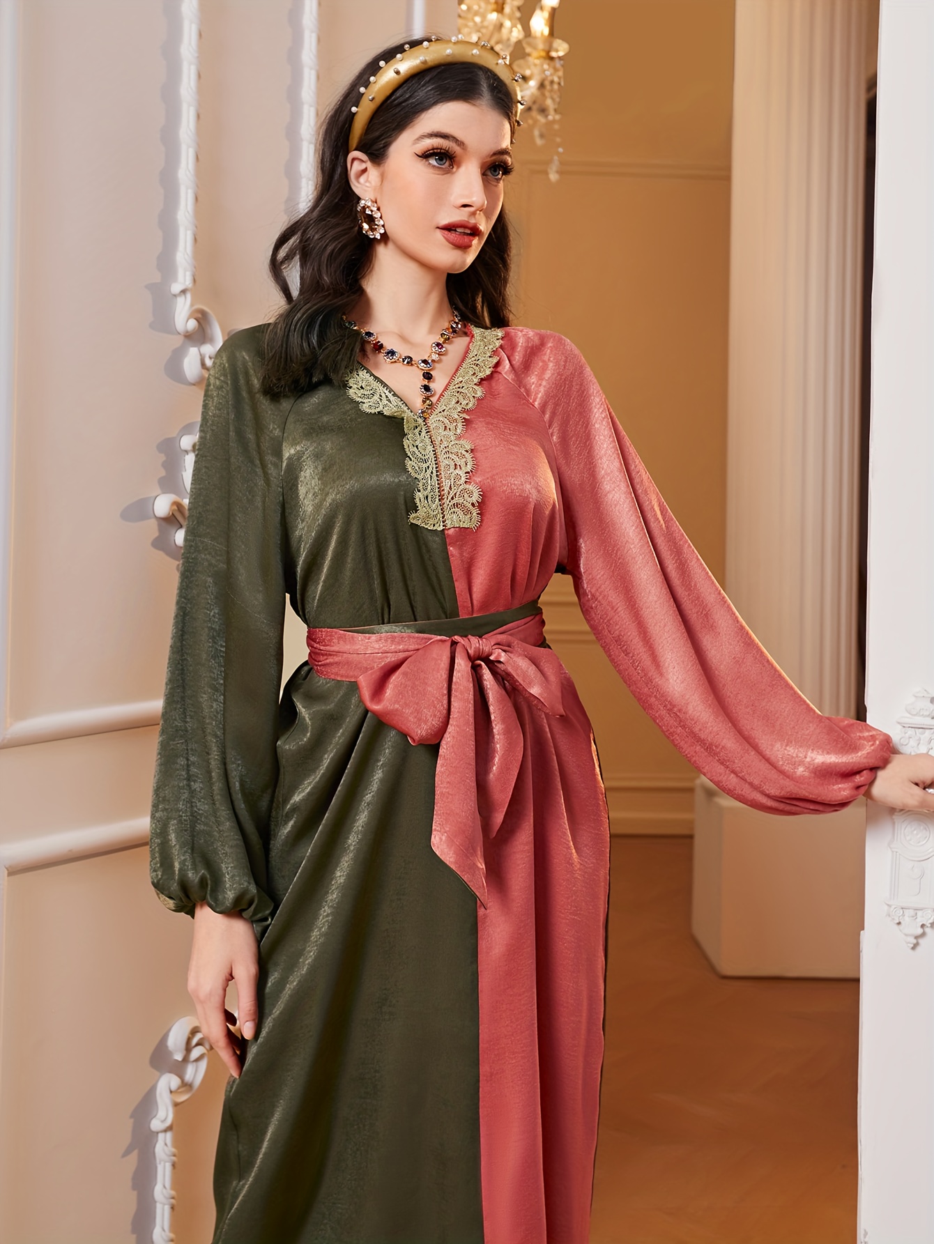 Color Block Lace Trim Belted Dress, Elegant V-neck Lantern Sleeve Dress For  Spring & Fall, Women's Clothing