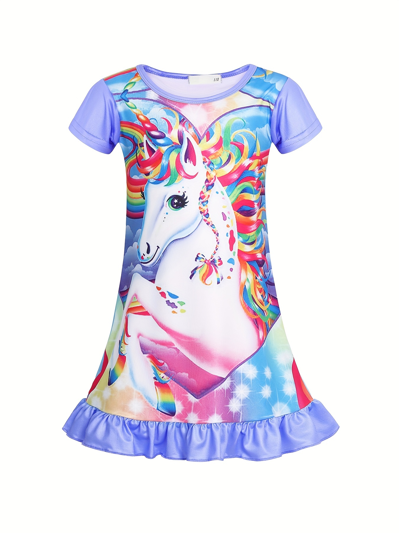 girls unicorn print nightdress kids short sleeve ruffle hem nightgowns sleepwear pajama dresses kids summer clothes details 37